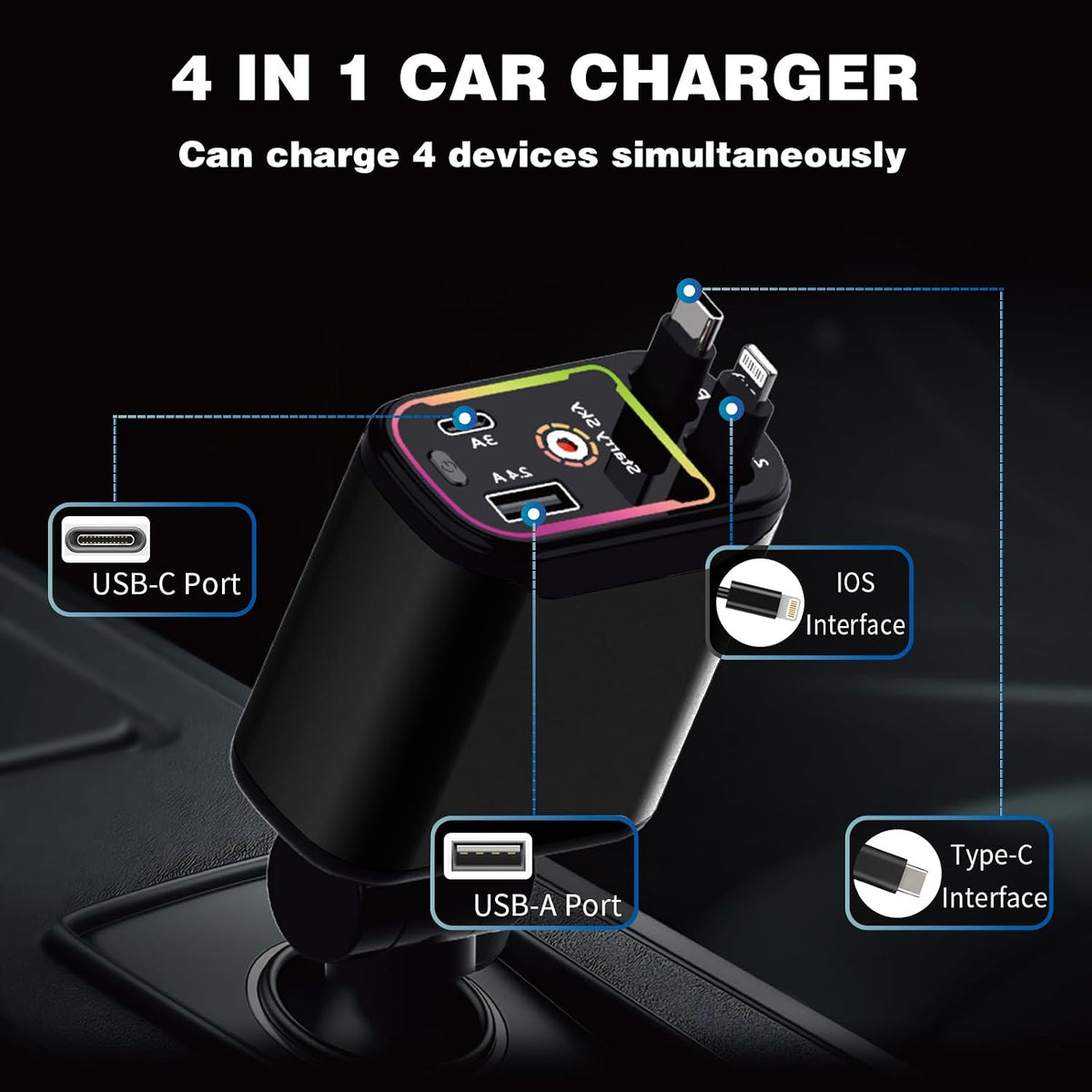 Starlight Retractable Car Charger,66W Fast Car Chargers Adapter 4 in 1 with 2 USB Car Chargers for Phone iPhone 16/15/14/13/12/11 and for Android - Black