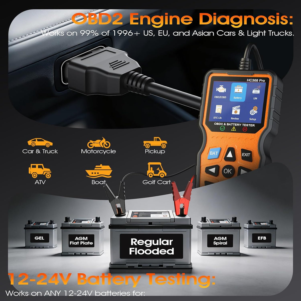 OBD2 Scanner with Battery Tester, 2-in-1 Design 1-Sec Read/Clear Check Engine Code Reader, 12V Car Battery Health & Charging System Analyzer, Universal Auto Diagnostic Tool for 1996+ Cars