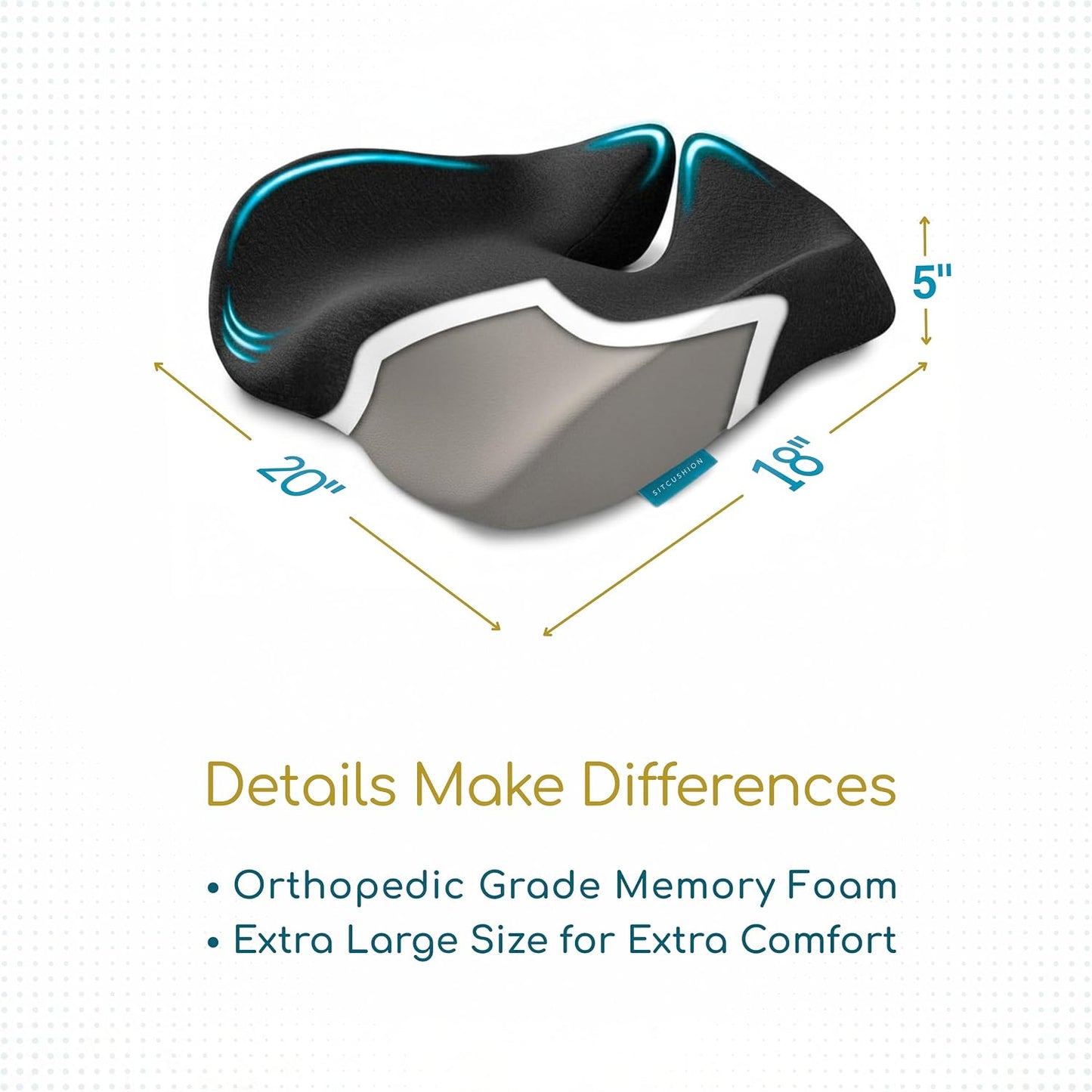 SitCushion Ergonomic Seat Cushion for Sciatica & Tailbone Pain Relief – Extra Large Memory Foam Office Chair Cushion for Long Sitting, Orthopedic Coccyx Cushion for Desk Chair, Car & Wheelchair(Black)