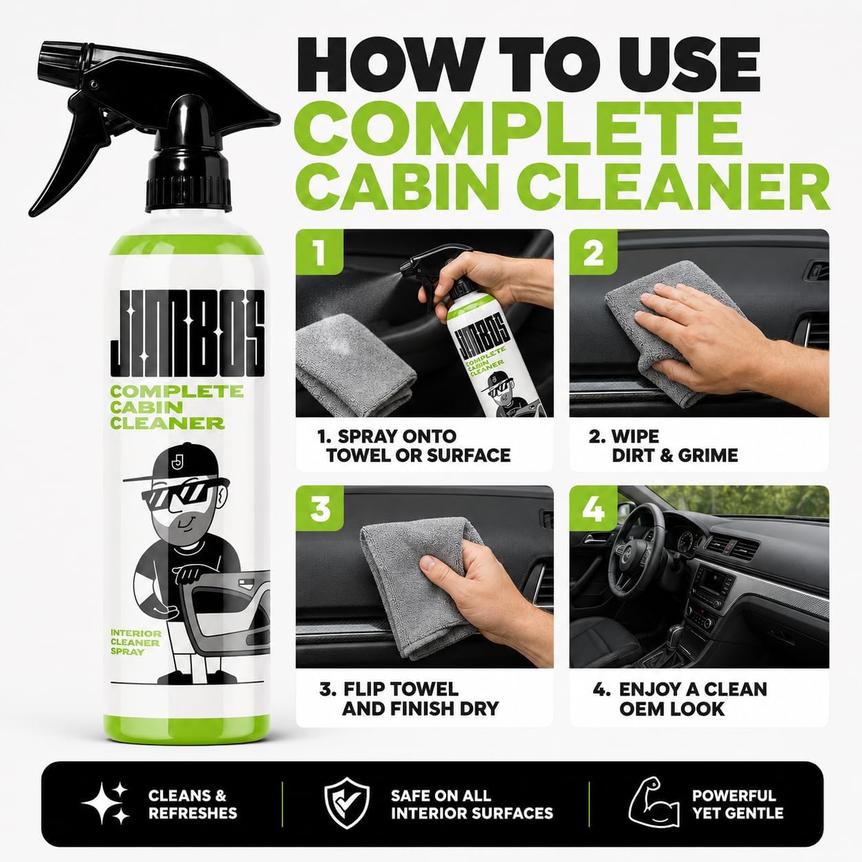 Jimbos COMPLETE CABIN CLEANER– All-in-One Car Interior Cleaner for Leather, Fabric, Carpet, Upholstery, Dash & Vinyl | All-Purpose Detailing Spray | 16oz