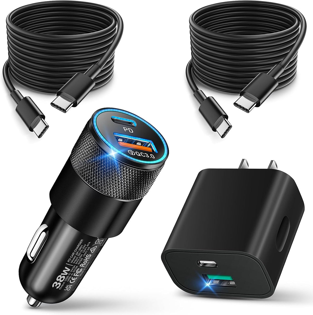USB C Wall/Car Charger,38W Dual USB-C+USB-A Cigarette Lighter Adapter