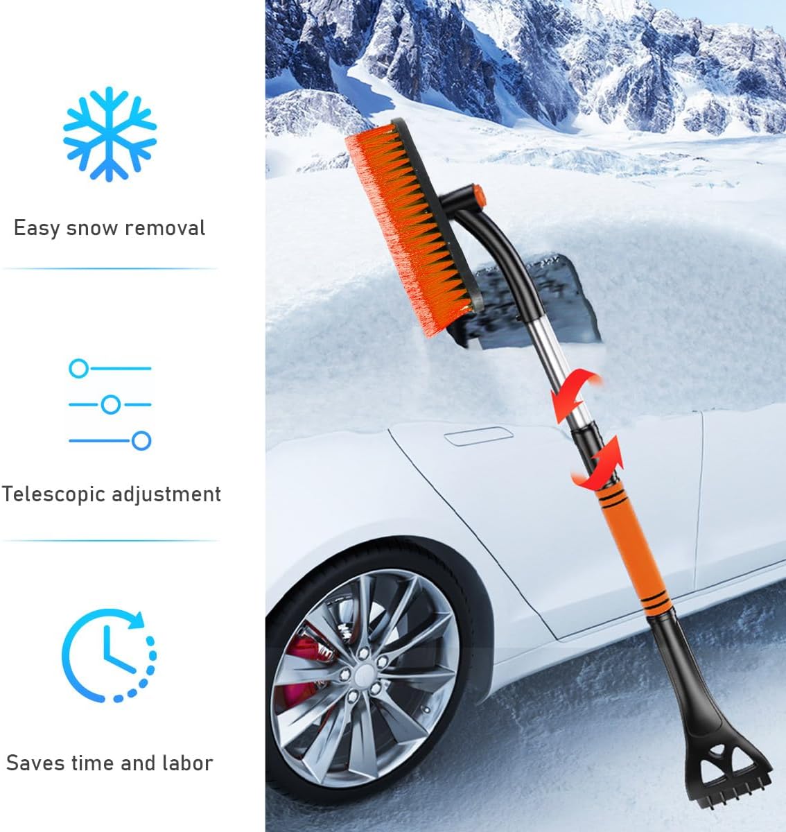 Ohleats 31.5" Ice Scraper and Extendable Snow Brush, 360° Pivoting Snow Brush Head with Foam Grip, Detachable Ice Scraper with Soft Bristle Head for Car Truck SUV Window Windshield (Orange)