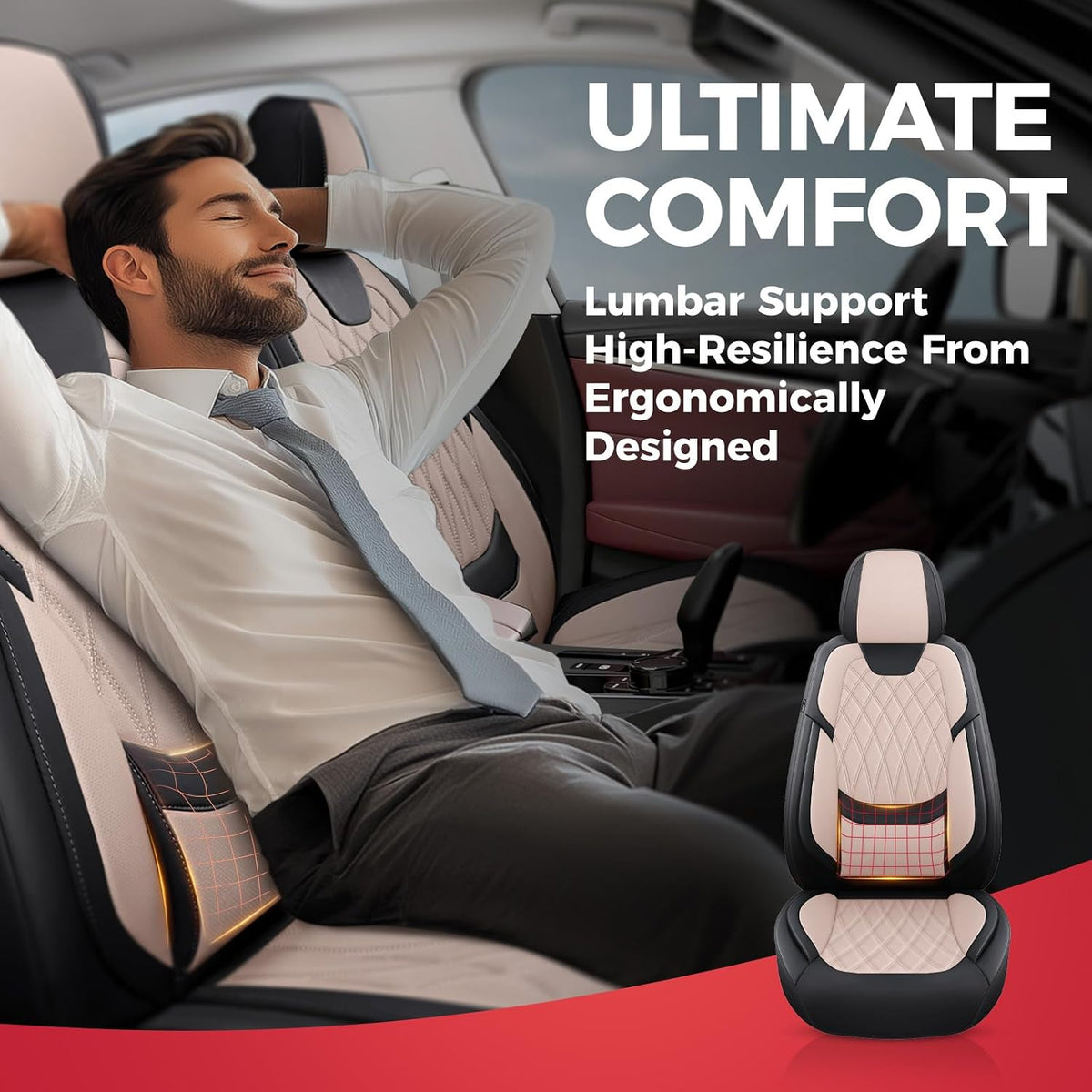 FREESOO Car Seat Covers Full Set Faux Leather Universal Fit Black Beige