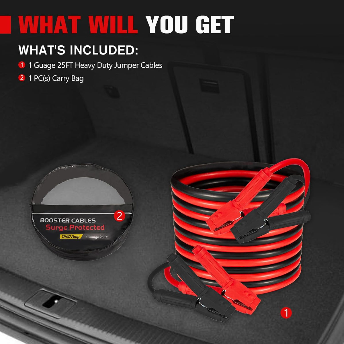 FIERYRED 1 Gauge 25 FT Quick Connect Jumper Cables, 1000A Heavy Duty Booster Cables with Travel Bag，Battery Jumper Cable for Truck, Diesel Trucks, SUV and Car