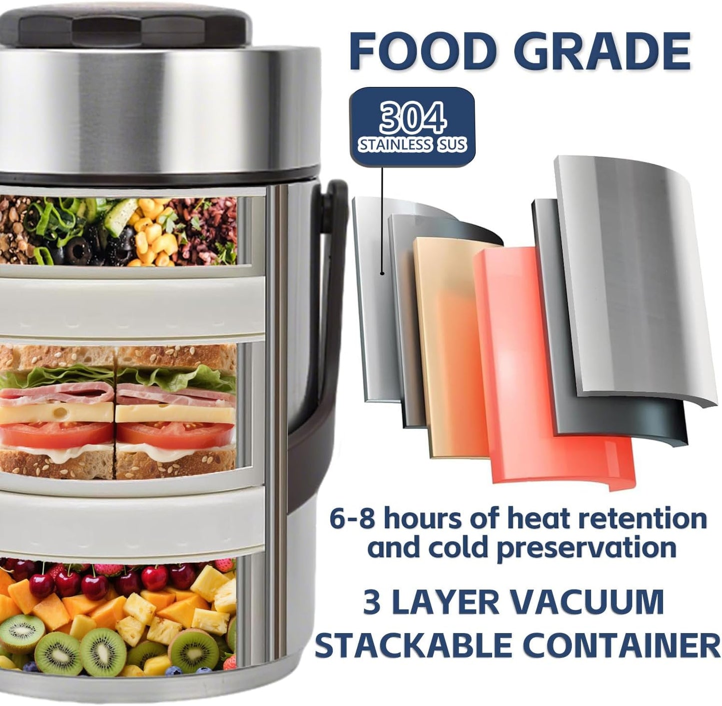 67oz Vacuum Insulated Food Container Set with 3 Stackable Compartments | Adults Thermal Lunch Box, Leak-Proof Stainless Steel Wide Mouth Thermal Food Jar for Hot Food, Office & Outdoor