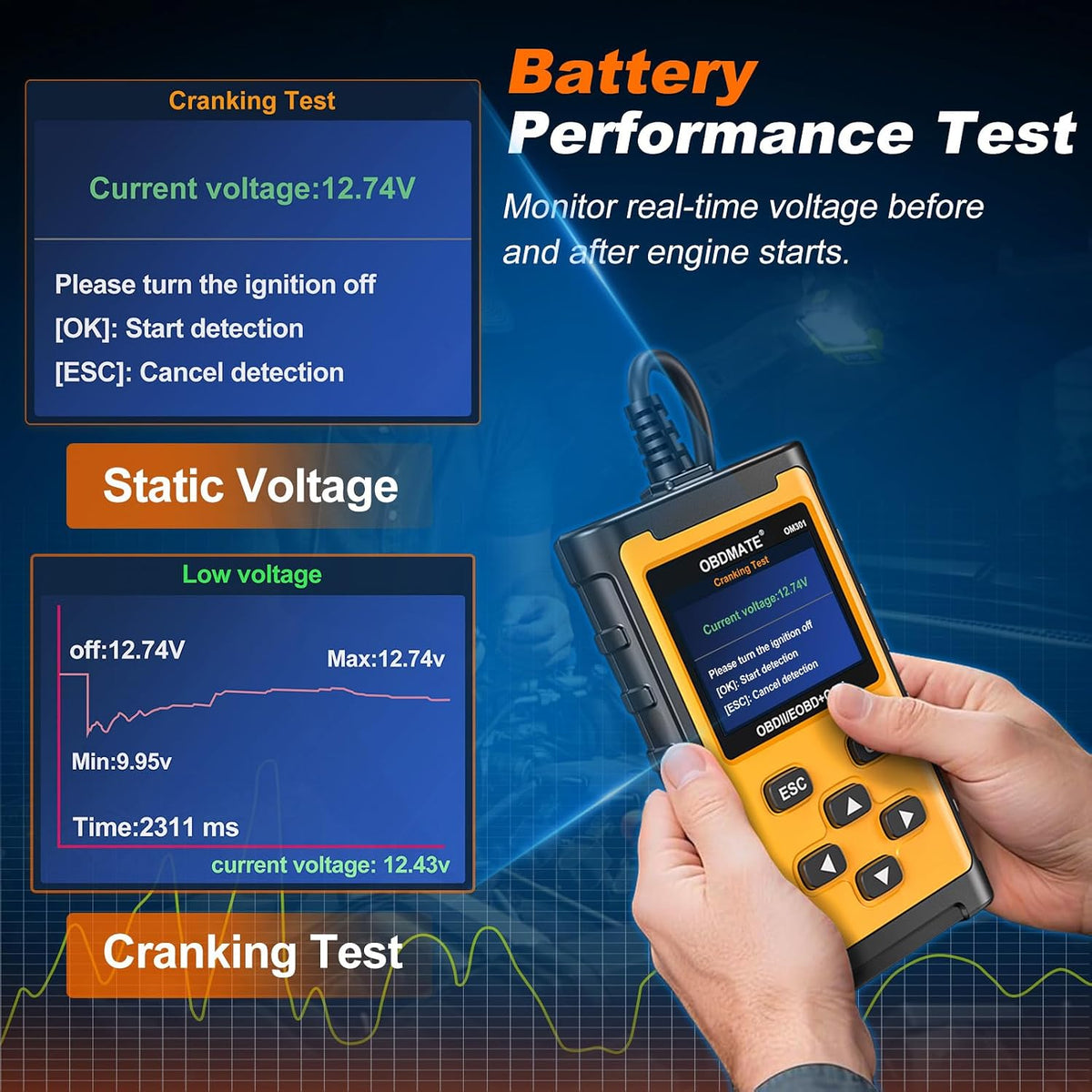 OBD2 Scanner Diagnostic Tool with Battery Test, Read&Clear Codes View Live Data I/M Readiness Freeze Frame, OBDII Check Engine Code Reader for 99% Cars Since 1996