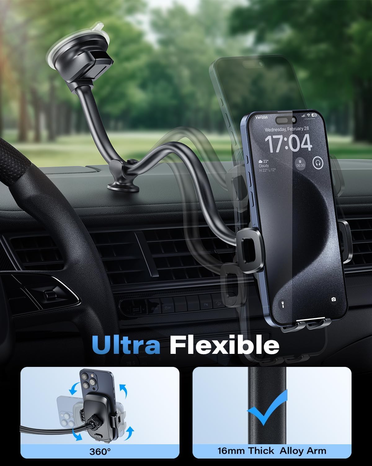 1Zero Solid Car Truck Phone Mount Holder with 14-Inch Gooseneck Long Arm