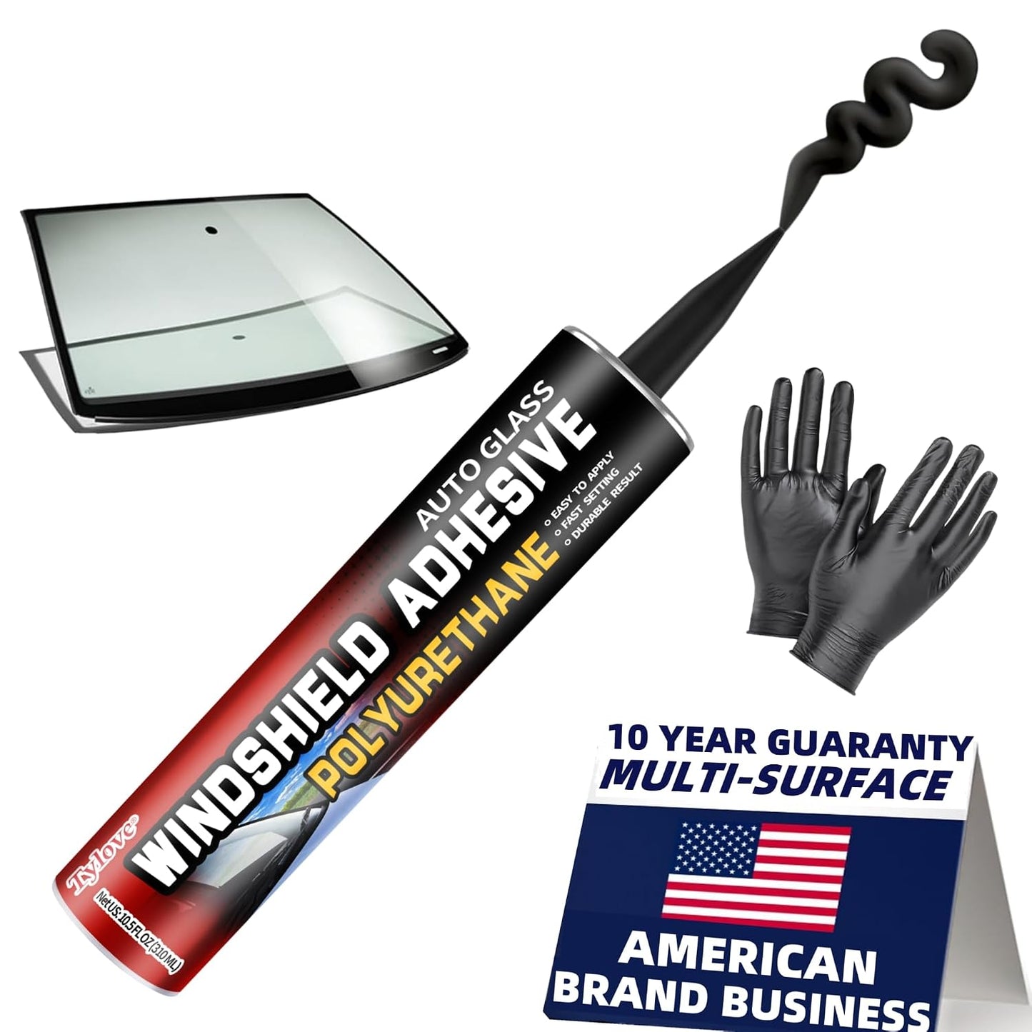 Professional Strength Urethane Windshield Sealant – Quick Curing, Weather Resistant Auto Glass Glue for Vertical & Overhead Application, 10.5oz Black, Includes Gloves