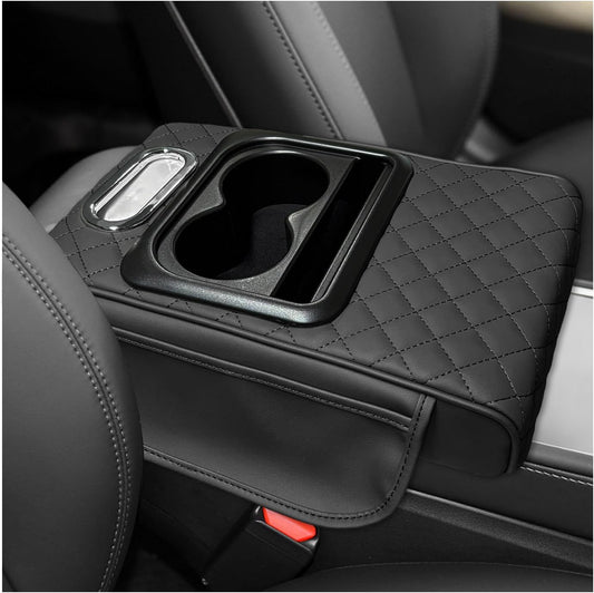Car Center Console Armrest Pillow, Leather Car Armrest Cushion with Cup Holder & Phone Holder, Universal Armrest Storage Box Protector for Most Vehicles, Car Accessories (Black, Embroidered)