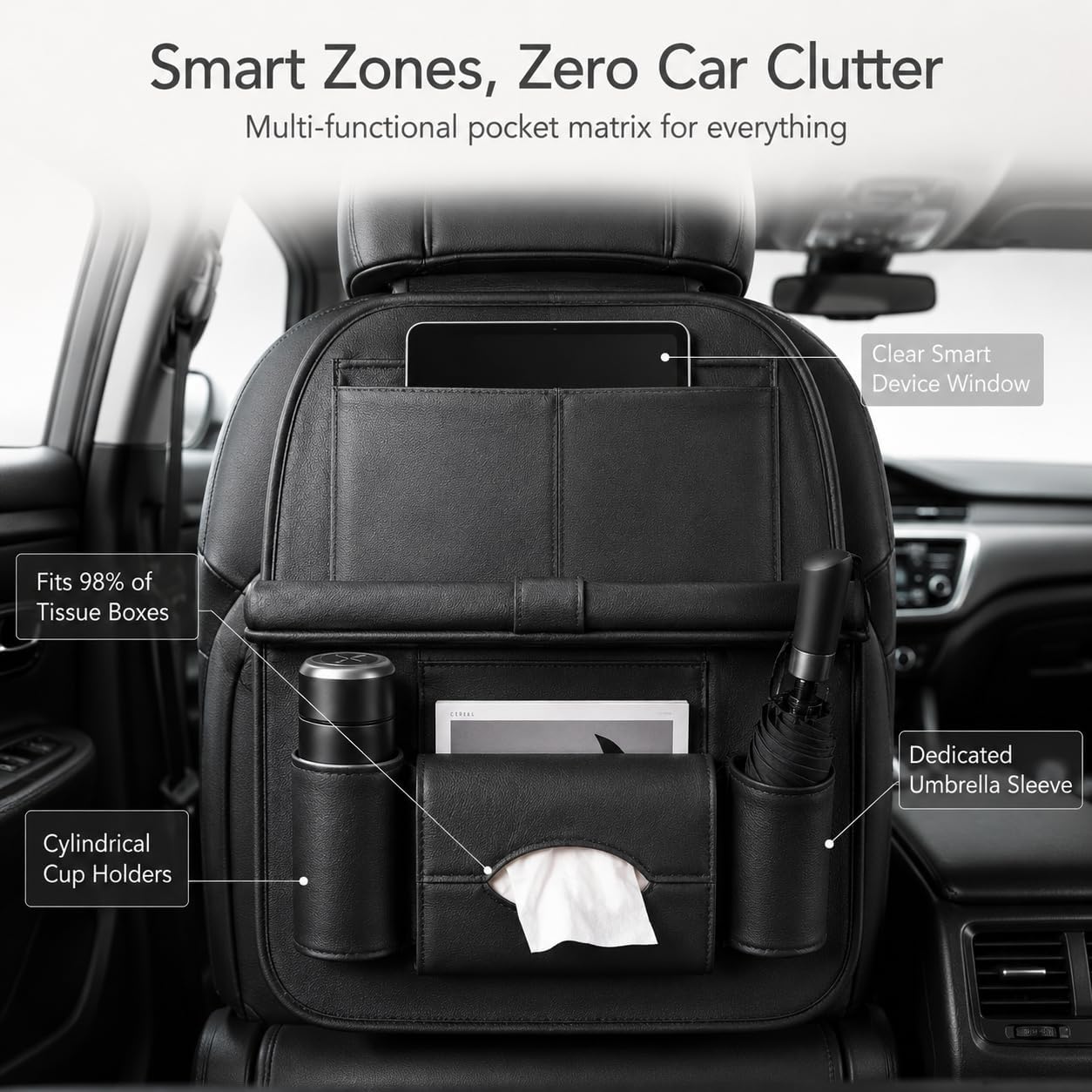2 Pack Leather Look Car Backseat Organizer with Tablet Holder, Foldable Tray, 8 Storage Pockets, Cup Holder, Tissue and Umbrella Slots, Seat Back Protector Kick Mat for Cars SUVs Trucks