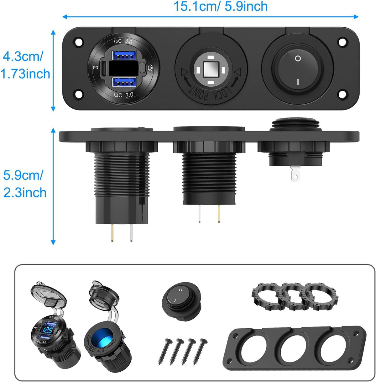 12V USB Outlet Boat Accessories Marine Switch Panel Plug, PD3.0 and Dual QC3.0 USB Ports Aluminum Car Charger with Voltmeter, Lighted 150W Cigarette Lighter Socket and Toggle Switch 3 in 1 DIY Kit