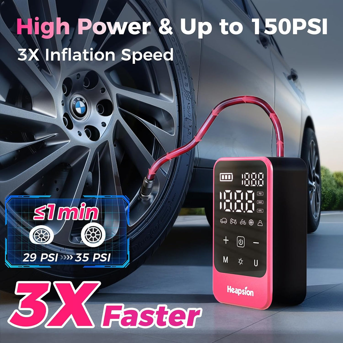 Heapsion Tire Inflator Portable Air Compressor, Air Pump for Car Tires with Digital Pressure Gauge, Auto Shut-Off and LED Light, 150 PSI Cordless Pump for Car, Motorcycle, Bicycle, Ball, Pink
