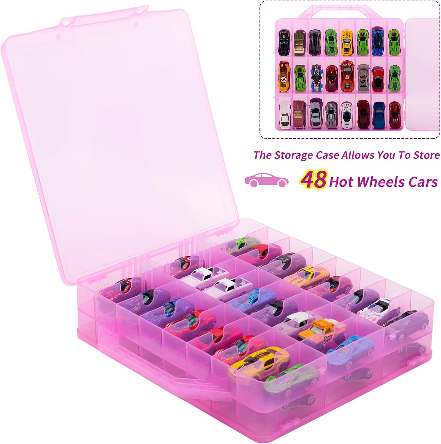 Double Sided Diecast Cars Storage Case for 48 Diecast Cars, Matchbox Cars, Mini Cars, Portable Transparent Storage Case for Diecast Cars, Matchbox Cars with 48 Compartments, Case Only