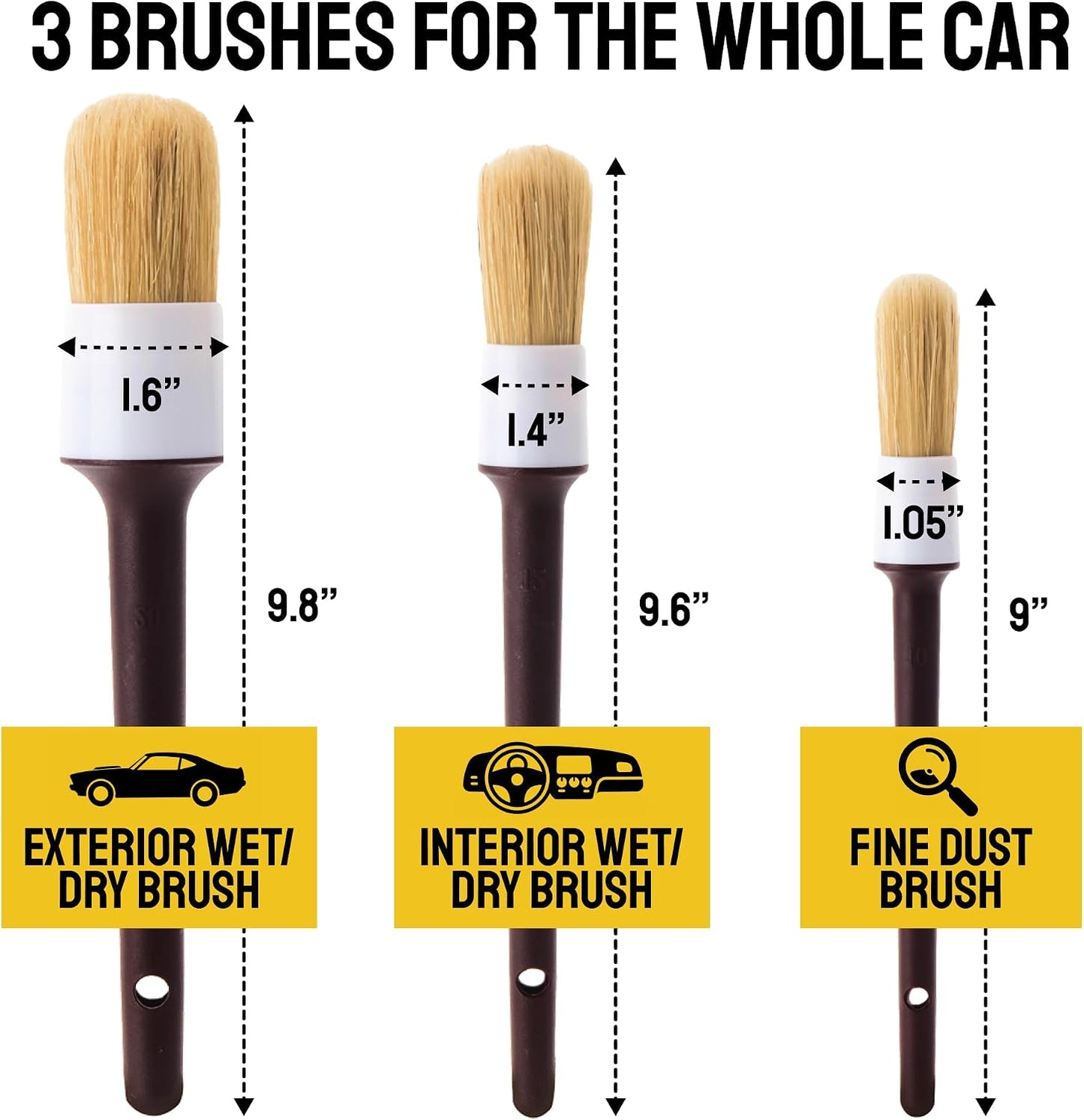 Car Detailing Brush Set 3-Pack, Interior and Exterior, Detail Dudes | Scratch-Free Boars Hair - Exterior & Interior Cleaning Brushes - Safe for Leather, Piano Black Trim, Dashboards & Wheels