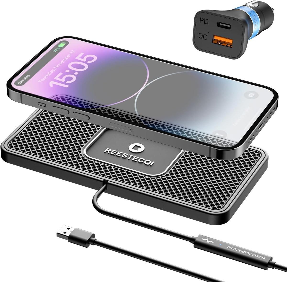 Wireless Car Charger Pad, REESTECQI 15W Wireless Charging Pad for Car Non Slip Phone Car Wireless Charger [40W Car Charger Included] for iPhone 17 16 15 14 13, AirPods 3/Pro 2, Samsung S26/S25/S24