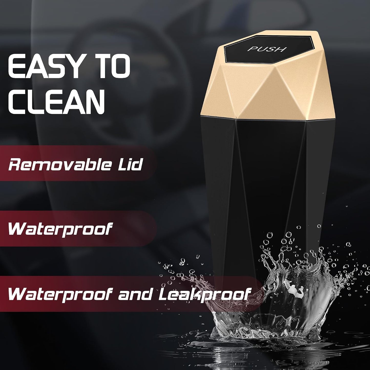 Car Trash Can with Lid, Mini Car Trash Cup with 30 Additional Trash Bags, Car Accessories for Interior, Leakproof Vehicle Garbage Bin for Car, Home, Office - 2 Packs, Gold