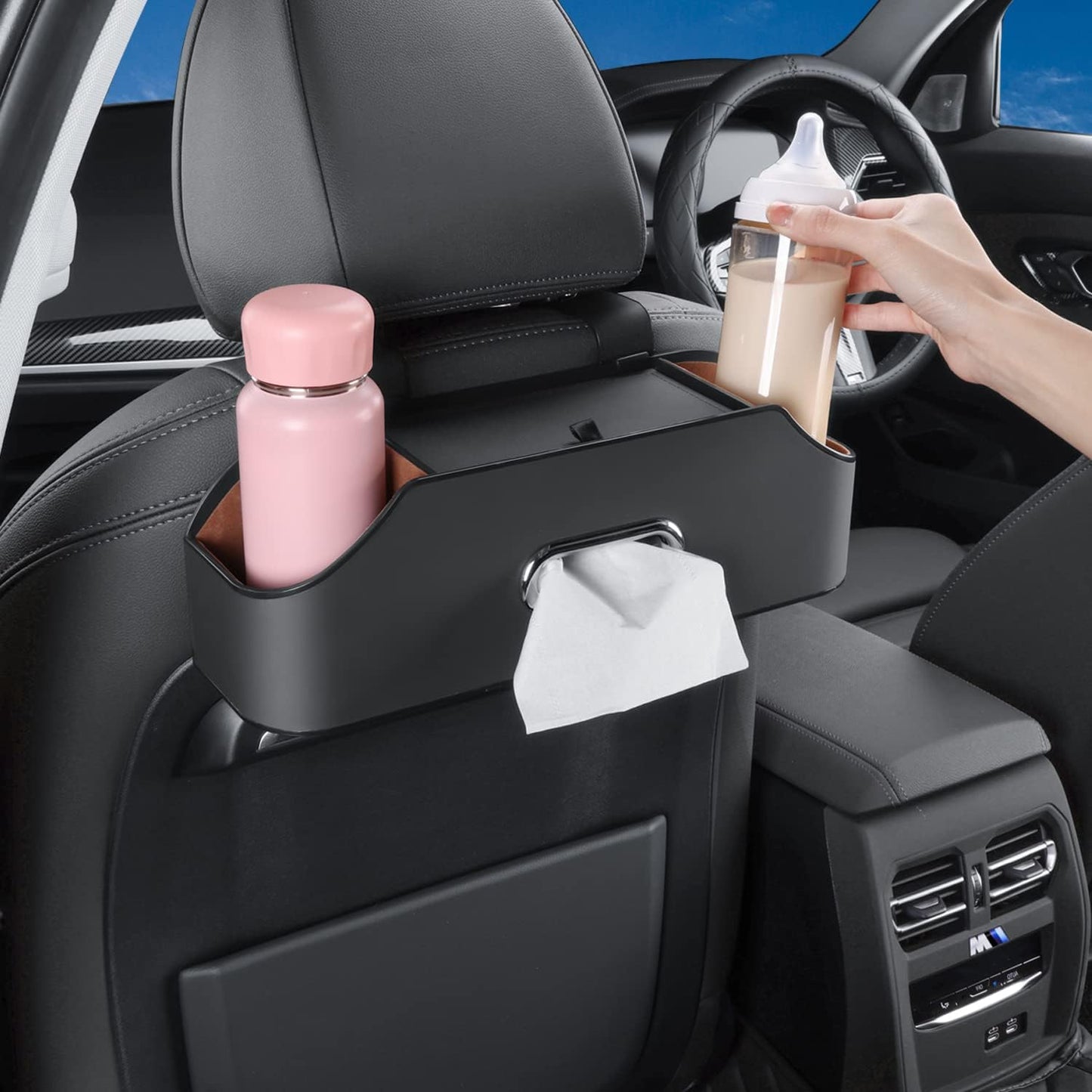 Car Seat Back Organizer - Stylish &amp; Functional Storage for Family Adventures - Cup Holders, Tissue Box &amp; Hooks - Perfect for Kids, Road Trips &amp; Travel (Black)