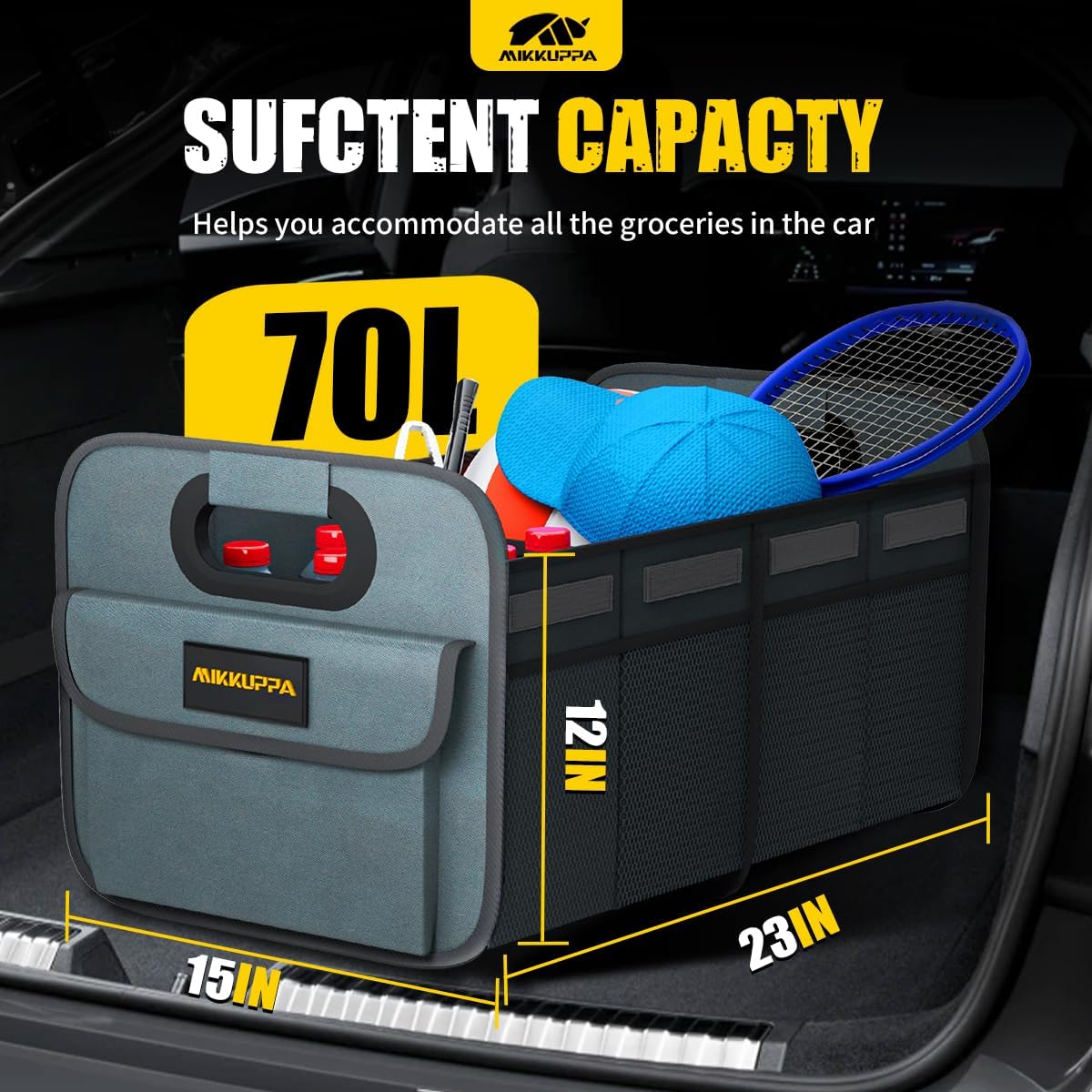 MIKKUPPA Car Trunk Organizer - 70L Collapsible Trunk Organizer with Reinforced Handles for Groceries, Car Storage Organizers for SUV Auto Truck Van with Non Slip Bottom (Gray)