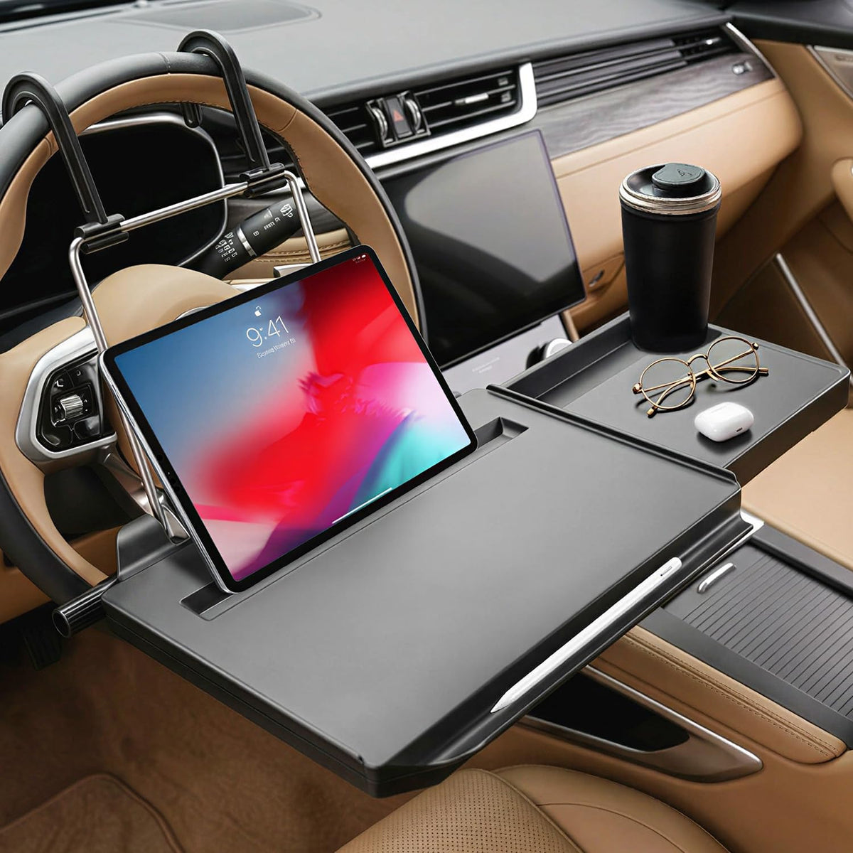 XOOL 2 in 1 Car Steering Wheel Tray, Back Seat Headrest Tray with Phone Holder – Foldable/Height Adjustable Steering Wheel Desk, Car Laptop Desk & Food Tray for Cars, SUVs & Trucks