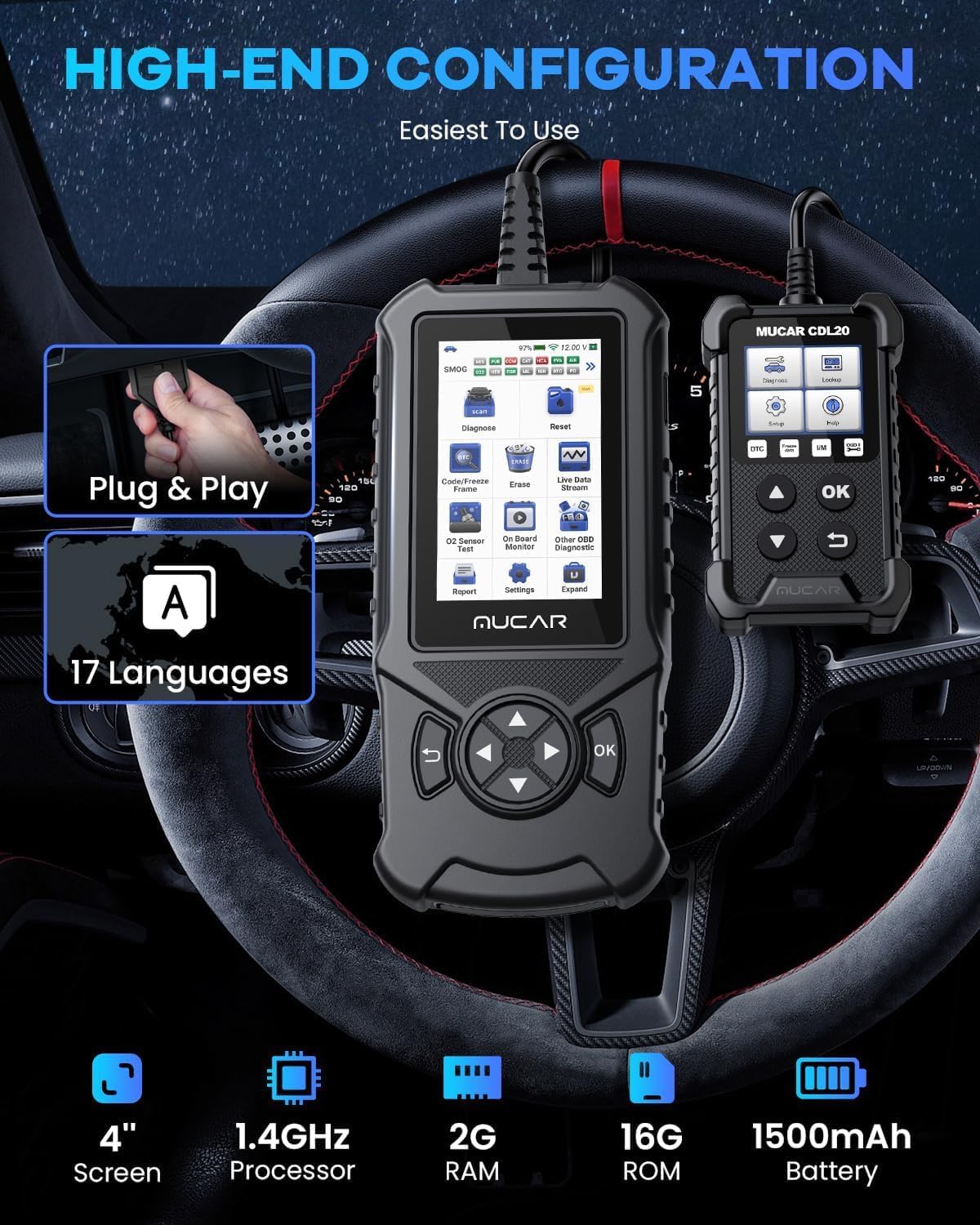 MUCAR CDE900 OBD2 Scanner, Full OBD2 Car Code Reader Diagnostic Scan Tool, 4" Touchscreen & Android 6.0, AutoVIN, Emission Test, Live Data, DTC Lookup, One-Click Update & Print, 2GB RAM Runs Fast