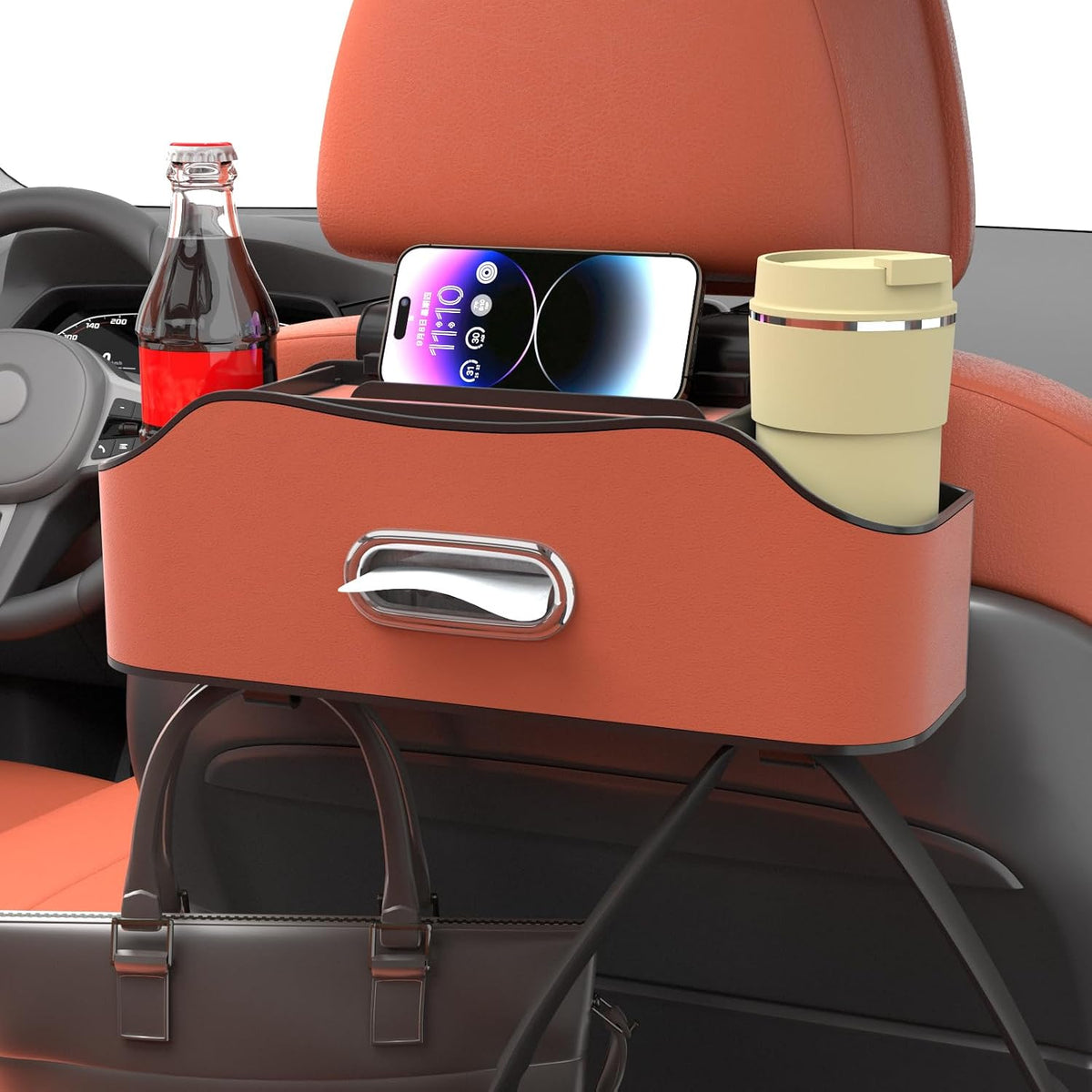 Back Seat Cup Holder for Car – Multifunctional Seat Back Organizer with Drink Holders, Tissue Box Storage & Hooks, Fits Headrest for Auto. (Orange)
