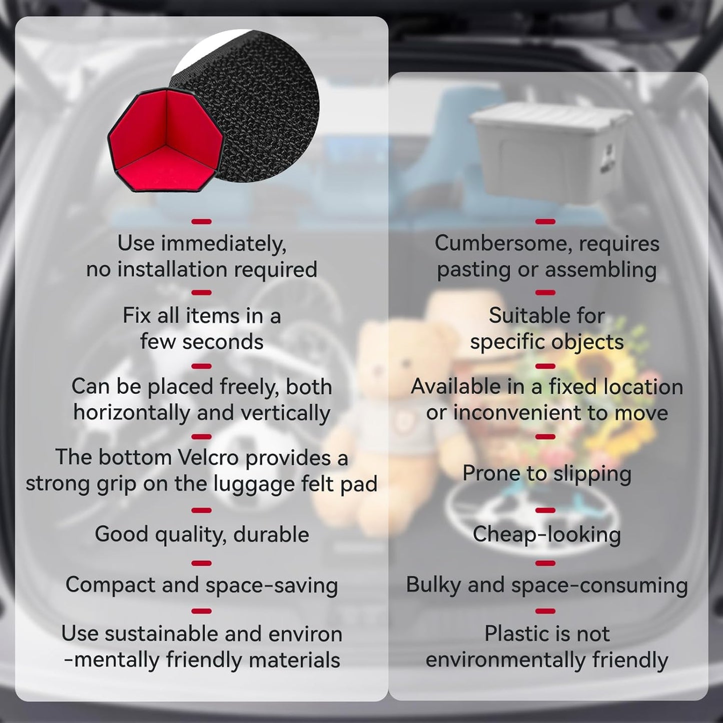 4 Pack Adjustable Hook and Loop Trunk Organizer Blocks for Car & Truck | Non-Slip Lining, Designed for Felt-Lined Car Interiors (3.94"x3.94"x3.94")