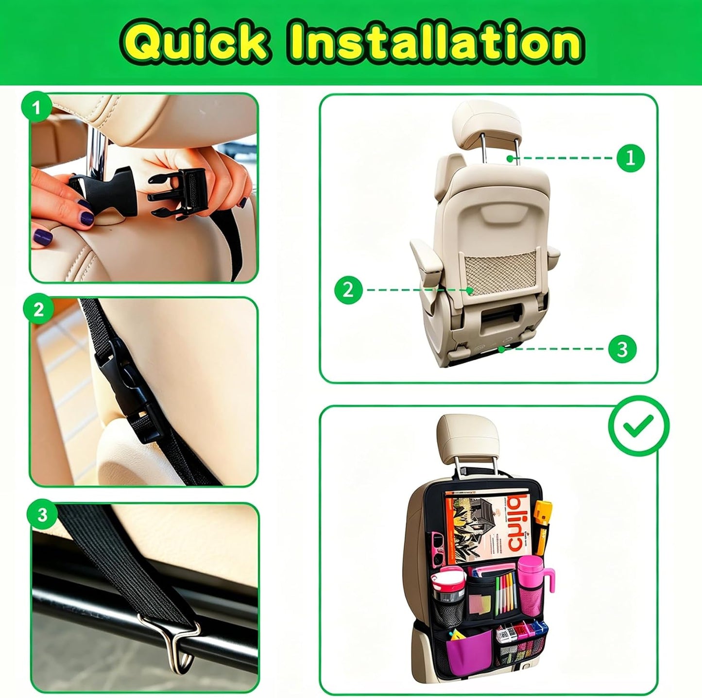 Car Organizer Kick Mats Back Seat Protector, Car Back Seat Organizer with Tablet Holder Pocket for Kids, Travel Accessories with 10 Storage Pockets, 2 Pack