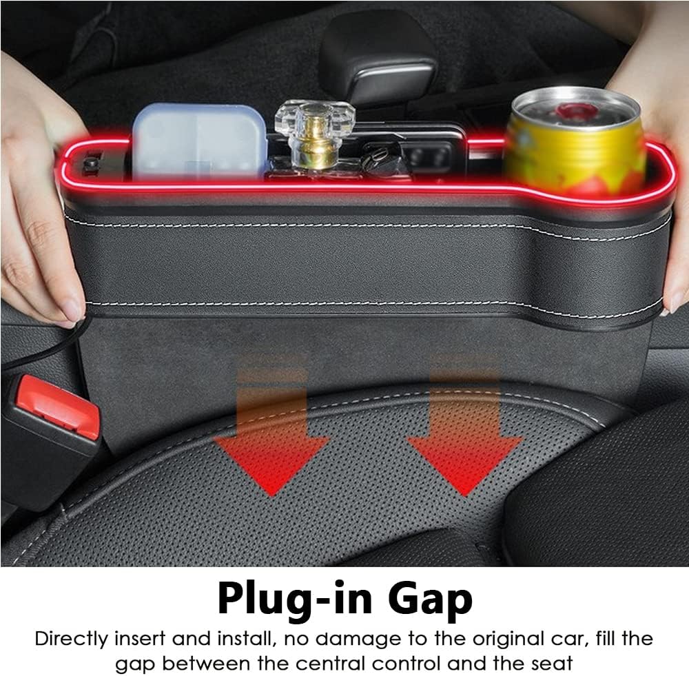 Car Seat Organizer Between Seats Cup Holder with LED Lights, Car Seat Gap Filler Organizer, Multifunctional Seat Gap Organizer Storage Box with USB Charge Port - Black (RGB Light)
