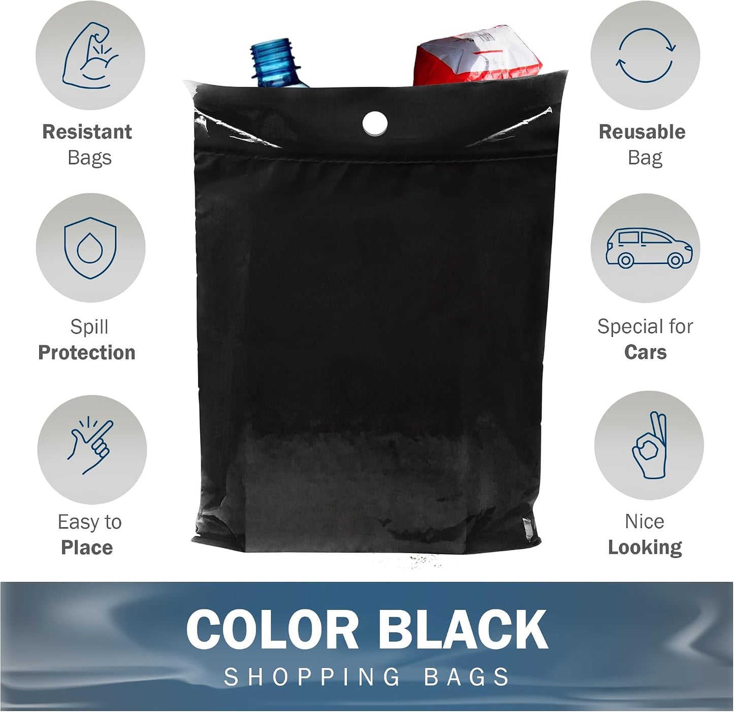 12x15 Black Disposable Car Trash Bags, Leak-proof, Medium Size, 50 Pack, 2 Mil Thick, with Die-Cut Handles by PPB