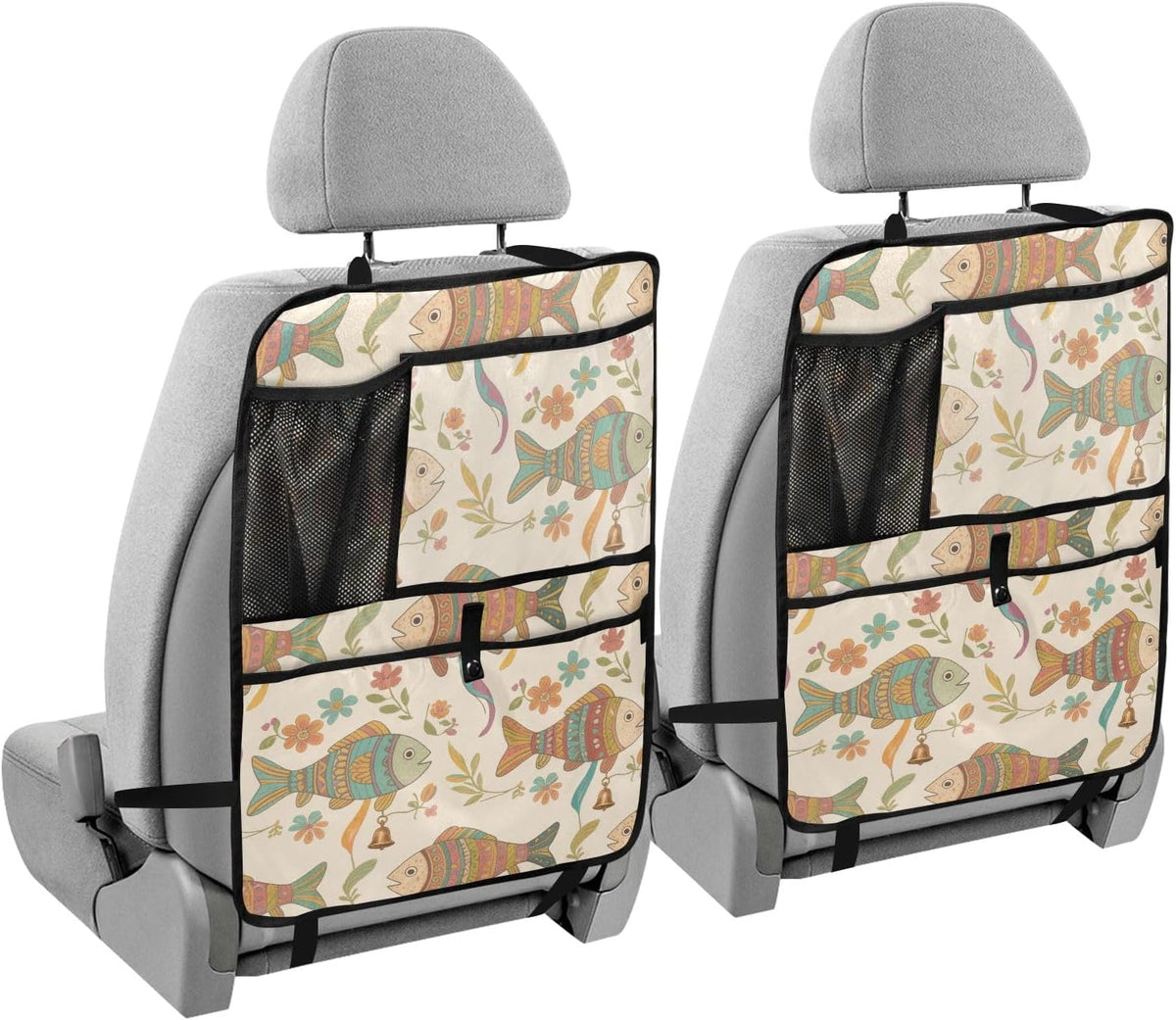 Car Back Seat Organizer with Fish Pattern, Multi-Pocket Storage Bag, Beige, Polyester, 25x18 Inch, Mesh Cup Holder, PVC Tablet Pocket, Kick Mat Protector