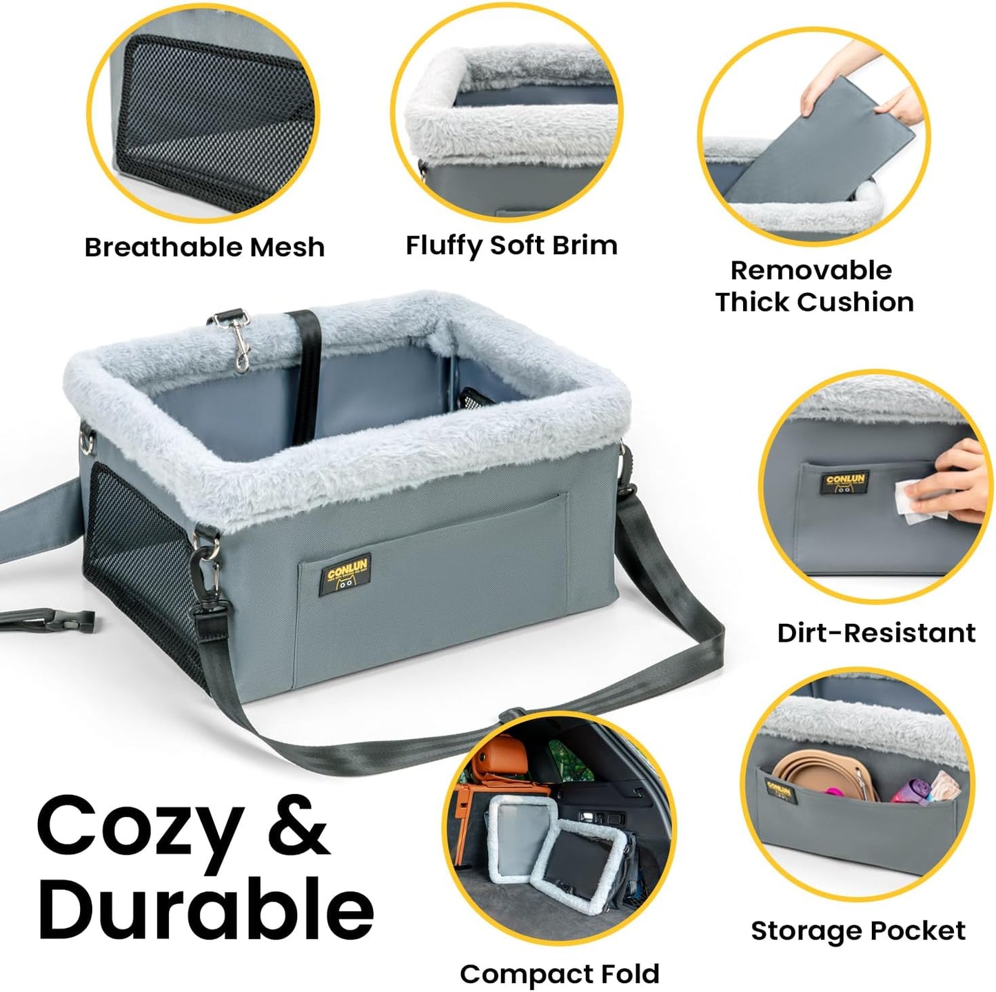 Conlun Dog Car Seat Booster for Small Pet Under 20lbs, Portable Travel Puppy Car Seat with Internal Steel Frame, Comfort Cushion & Storage Pockets, Adjustable Straps Fit Most Cars, Grey