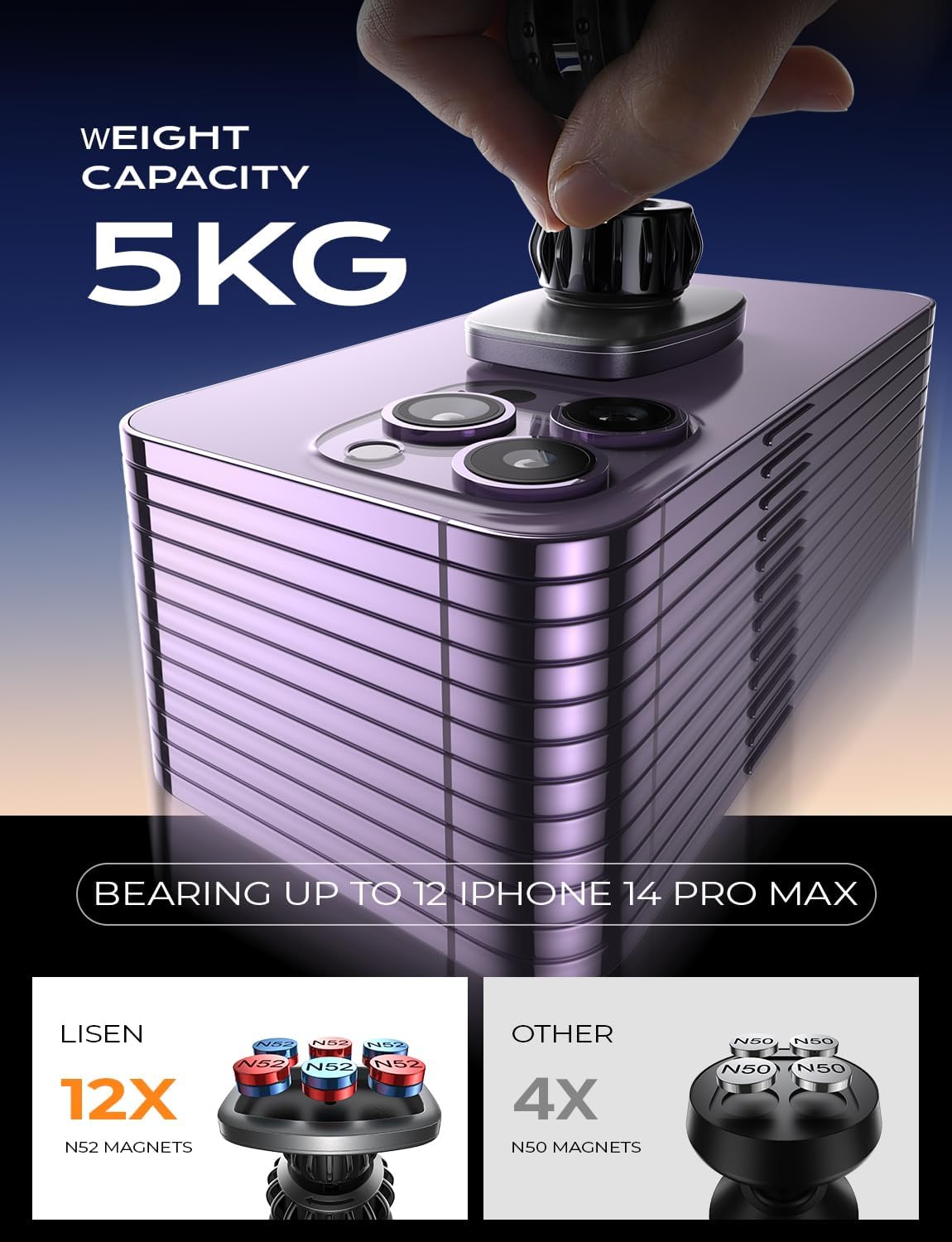 LISEN Magnetic Car Phone Mount for iPhone and Android with 6 Magnets and Adjustable Arch Design, Black