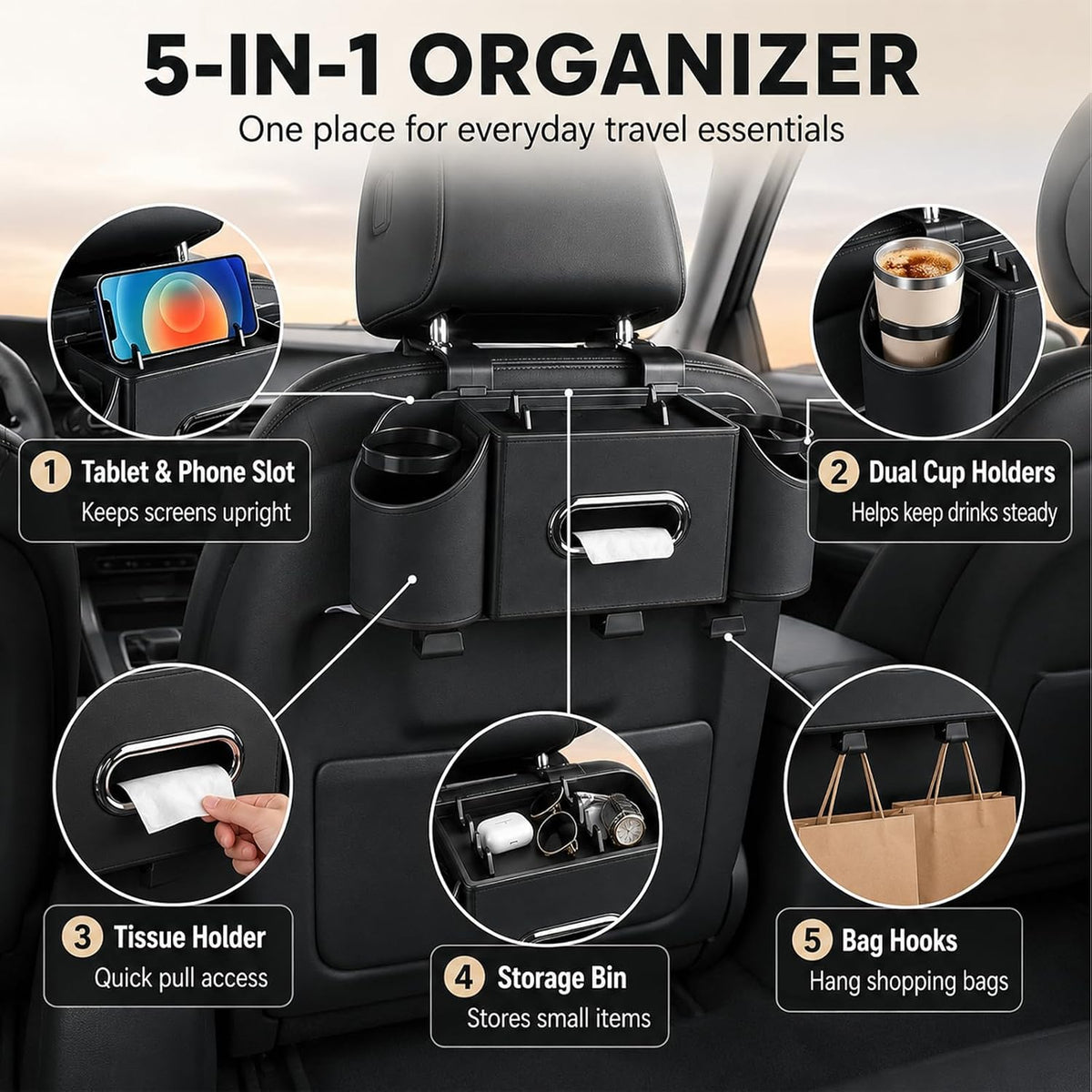 4-in-1 Backseat Car Organizer, Car Headrest Backseat Organizer with Hooks
