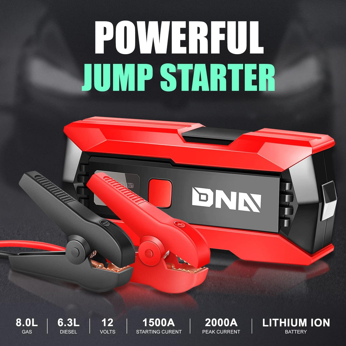 DNA Motoring 12V 2000A Peak Multi-Function Portable Car Battery Jump Starter for Up to 8.0L Gas / 6.3L Diesel Engine, with Carry Case,TOOLS-00275