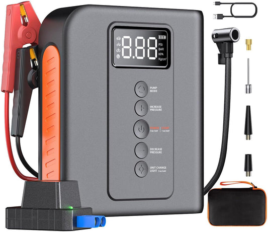 10000 amp Jump Starter with Air Compressor for Car, Battery Portable Power Pack 150PSI Tire Inflotor, USB Charge, LED Light, for All Gas and Up to 8L Diesel Engines Jumper Box