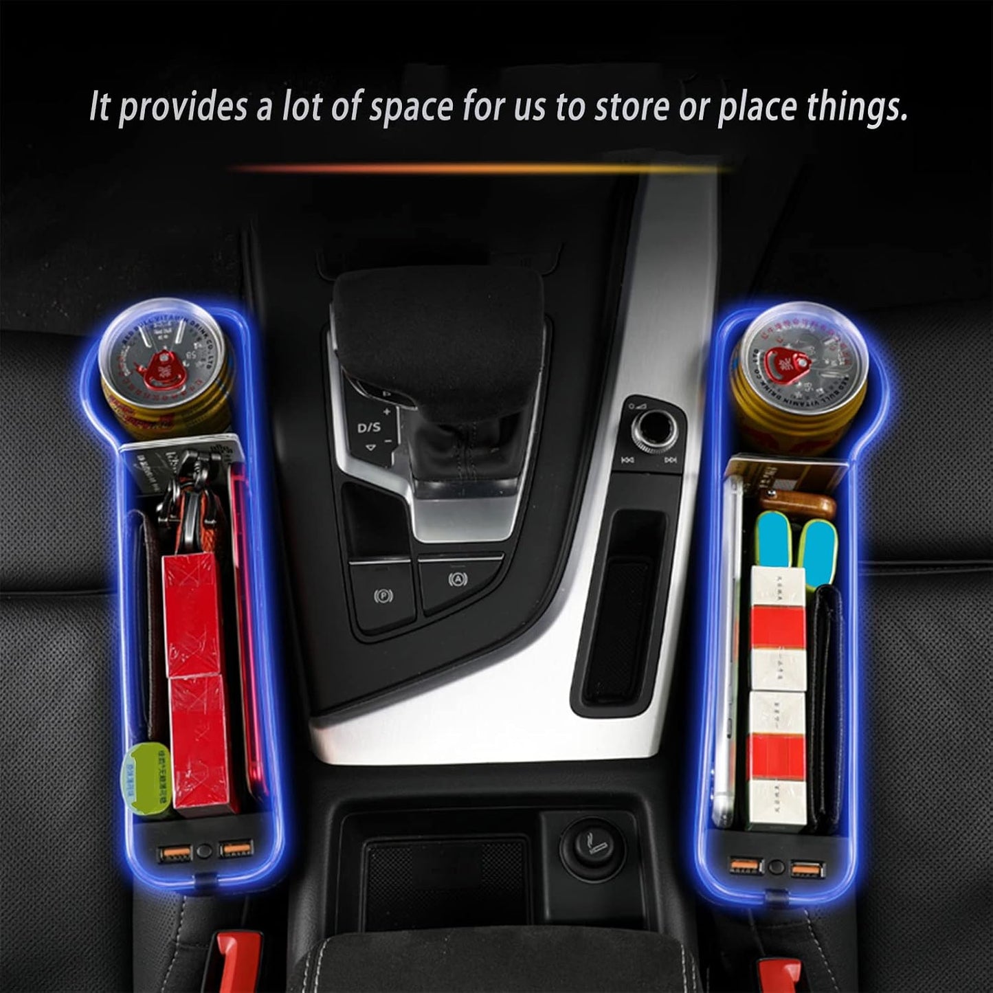 Car Seat Gap Filler Organizer, 2 Pack Multifunctional Car Seat Organizer, 7 Colours Changing LED Car Seat Seam Filler, Auto Console Side Storage Box with Cup Holders(BLACK)