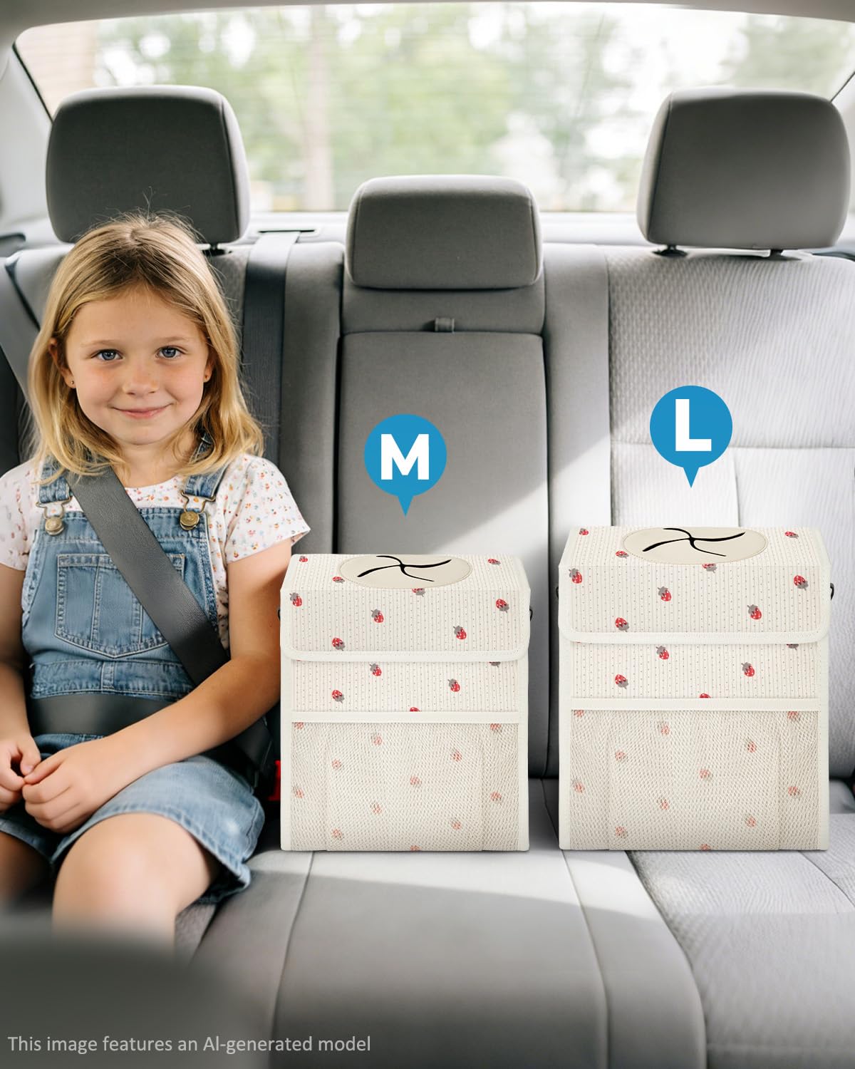 Corduroy Car Trash Can with Lid and Mesh Pockets - Leakproof Organizer,Multipurpose Waterproof Garbage Can/Trash Bin for Car(Off-White Base with Red Strawberry Print-2 Gallons)