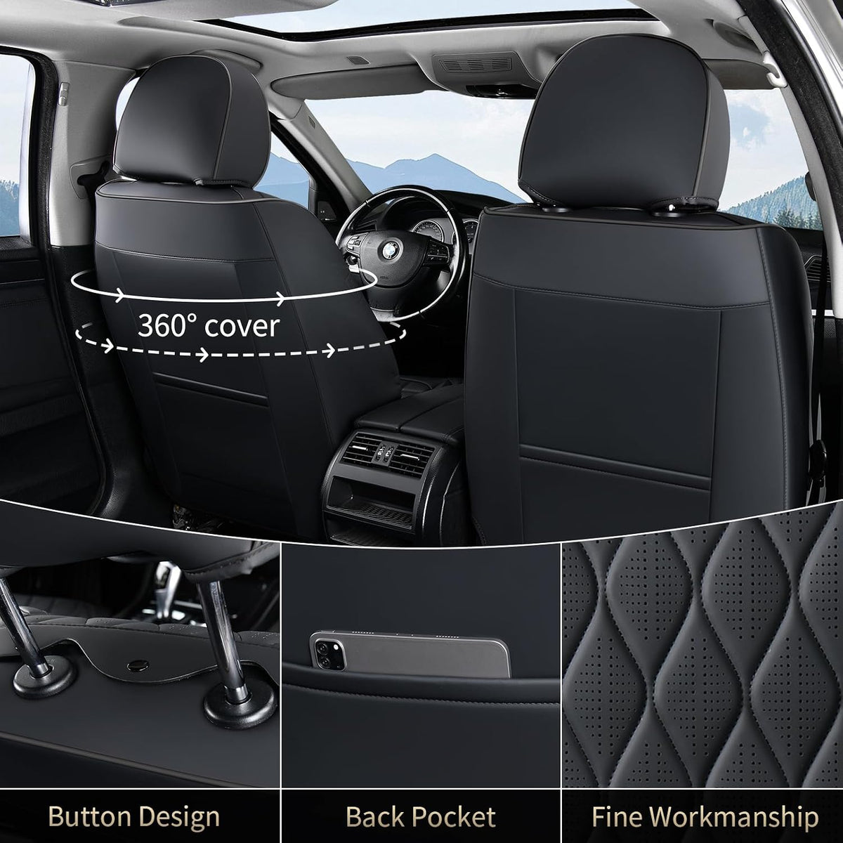FLORICH Seat Covers Front Seats Leather Car Seat Cover Waterproof Automotive Seat Covers with Lumbar Support Full Coverage Car Seat Cushion Protector Universal Fit for Most Cars Trucks SUV, Black