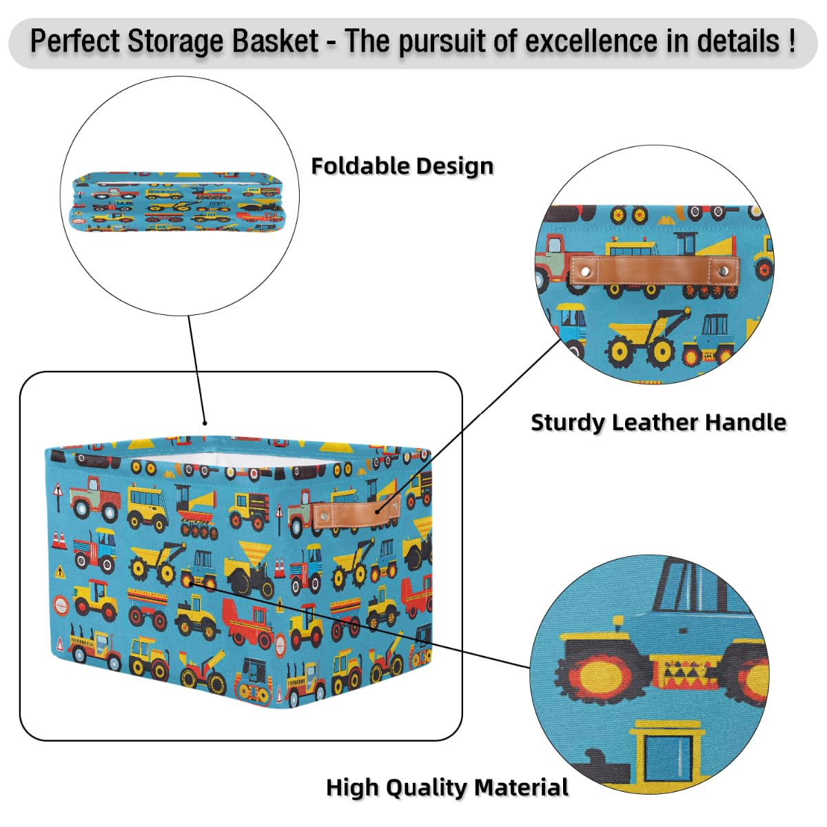 Cartoon Construction Storage Baskets for Organizing, Fabric Collapsible Storage Bins Box Cars Tractors Bulldozers Decorative Toy Organizer Baskets for Closet Shelves Gift Basket 1 Pc