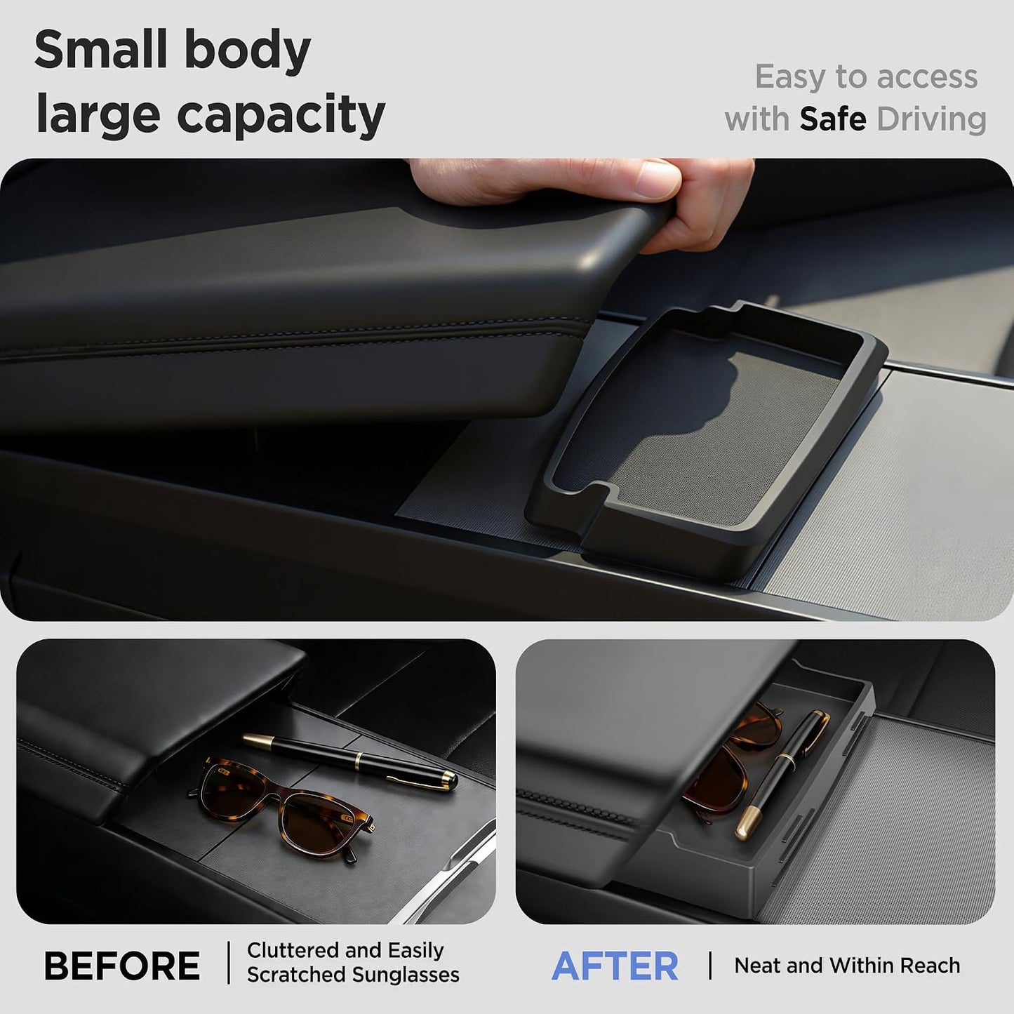 8PCS Center Console Organizer for Tesla Model Y Juniper Accessories 2026 2025 & for Tesla Model 3 Accessories 2024-2026 [Slide Smoothly & US Patent] Charging Pad Sunglasses Cup Holder Black