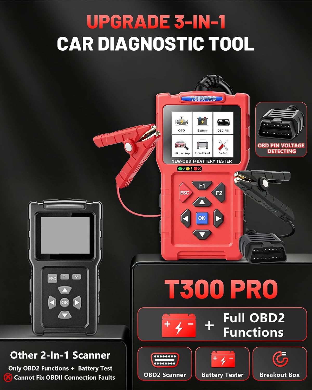OBD2 Scanner and Battery Tester, 3-in-1 Car Code Reader with Cranking Test