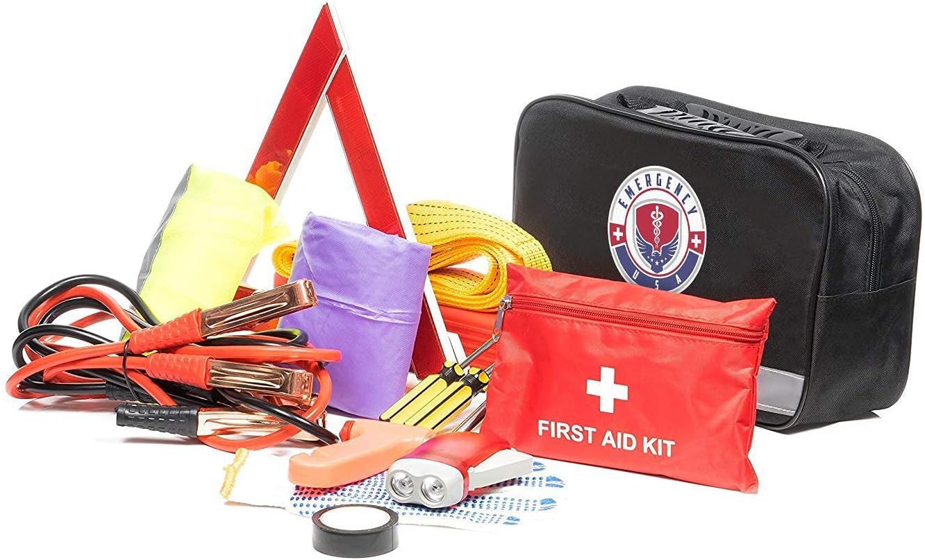 Roadside Car Emergency Kit - First Aid Set, Jumper Cables, Tow Strap, LED Flash Light, Rain Coat, Tire Pressure Gauge, Safety Vest and More (Black)