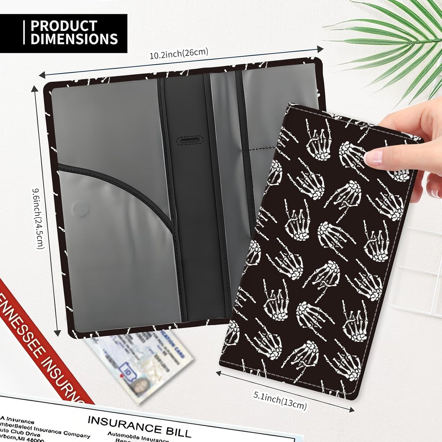 Leather Car Registration and Insurance Card Holder, Cute Car Accessories Vehicle Glove Box Car Organizer for Documents, Cards, License Cool Skull Hand