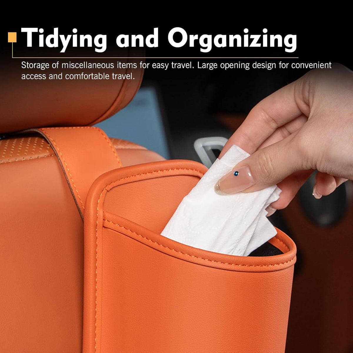 2 PCS Car Seat Back Headrest Cup Holders, Leather Large Capacity Organizer for Cup & Phone & Trash, Anti-spill Multi-functional Hanging Storage Bag, for Cars SUVs Trucks (Orange)