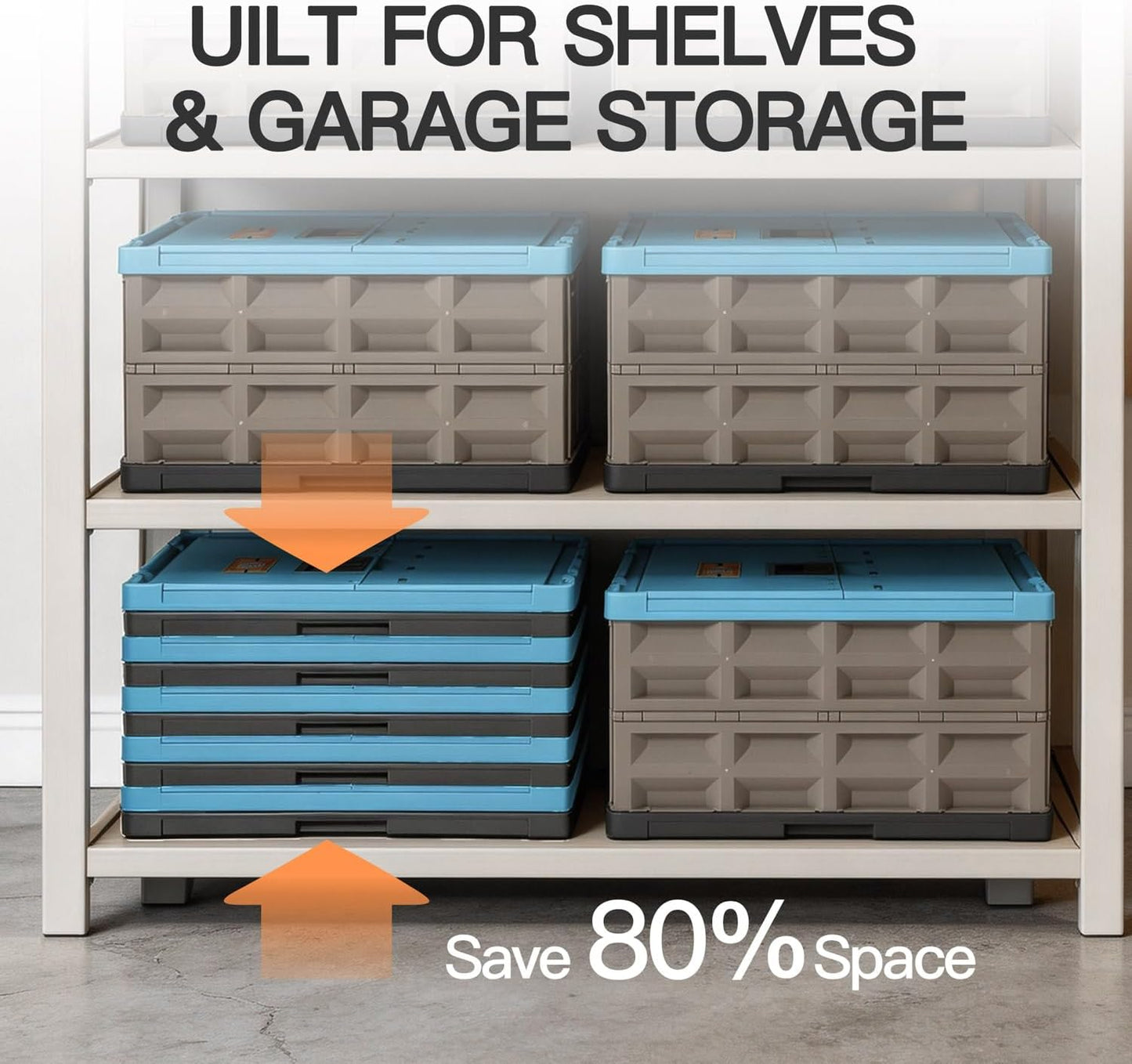 Heavy Duty Collapsible Storage Bins, Attached Lids, 12 Gal, 2 Pack | 400 LBS Stacking Strength, Secure Slide Lock, Durable PP Plastic, For Garage / RV / Car Trunk / Moving