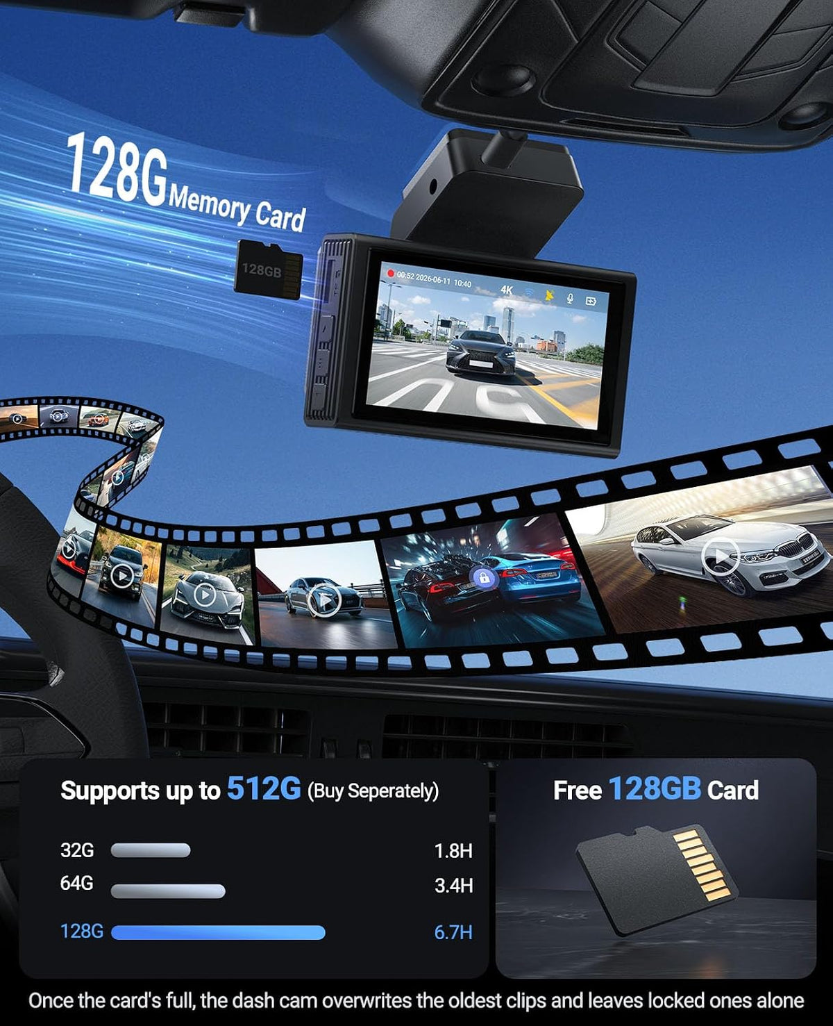 4K+4K Dash Cam Front and Rear, Enhanced Night Vision, Included 128GB Card