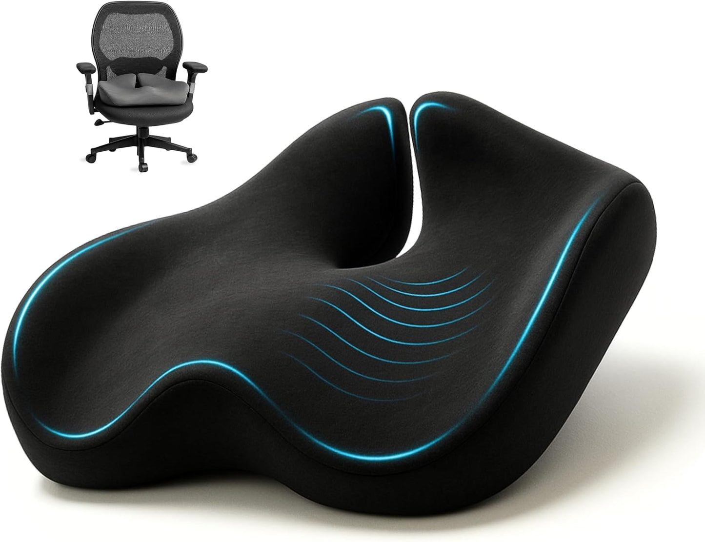 SitCushion Ergonomic Seat Cushion for Sciatica & Tailbone Pain Relief – Extra Large Memory Foam Office Chair Cushion for Long Sitting, Orthopedic Coccyx Cushion for Desk Chair, Car & Wheelchair(Black)