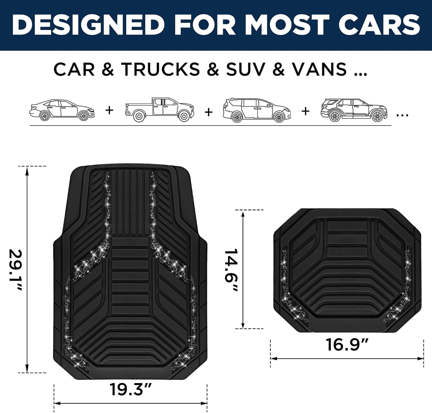 PIC AUTO Car Floor Mats, Black Sparkly Crystal Bling Glitter Car Mats Set, Front and Rear Heavy Duty Rubber Car Mats with Anti-Slip Backing, All Weather, Trim-to-Fit for Automotive SUVs, Sedan, Vans