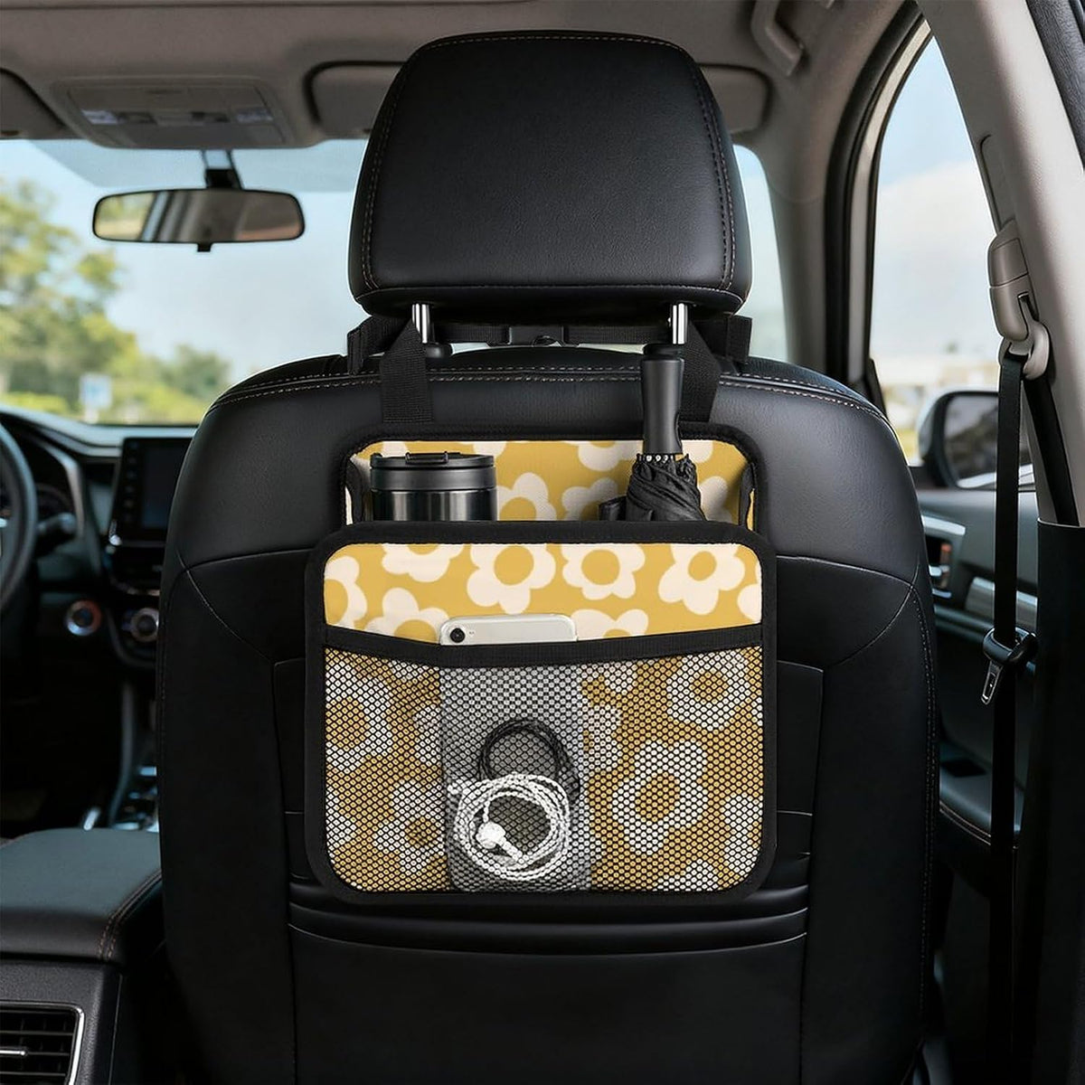 Car Backseat Organizer - Cute Aesthetic Car Storage Bin with Mesh Pocket & Reinforced Base - Universal Fit Hanging Seat Back Accessories for Women (Yellow)