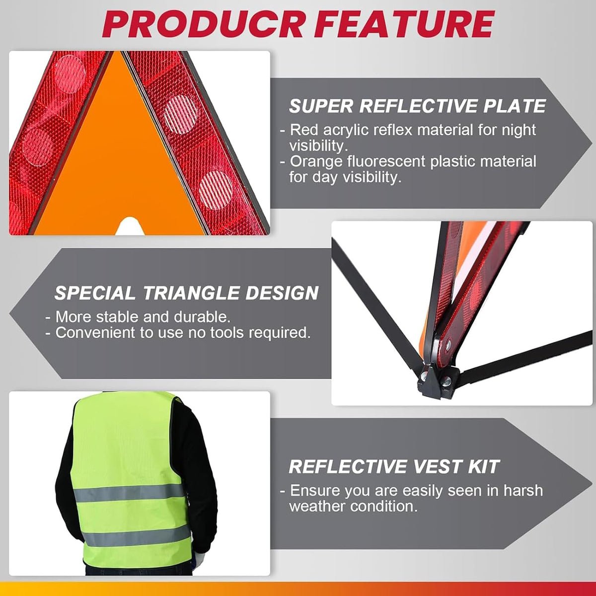 DASBET 2 Pack Emergency Warning Triangles with 1 Pack Reflective Vest